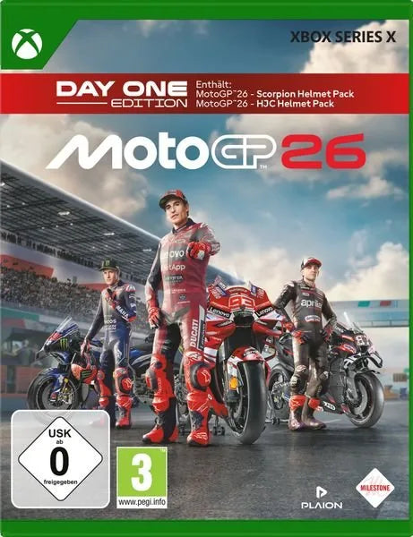 Cover: MotoGP 26 (Day One Edition) für Xbox Series X. Publisher: PLAION GmbH