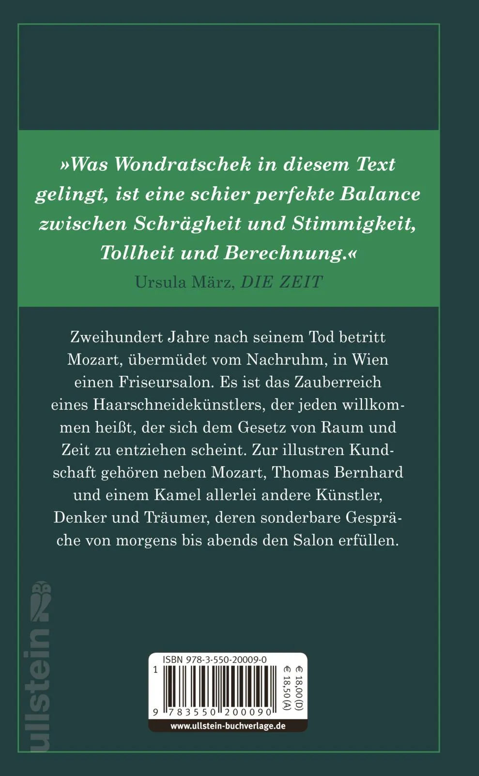 Buchrückseite von 'Mozarts Friseur' mit Klappentext - Gebundene Ausgabe
