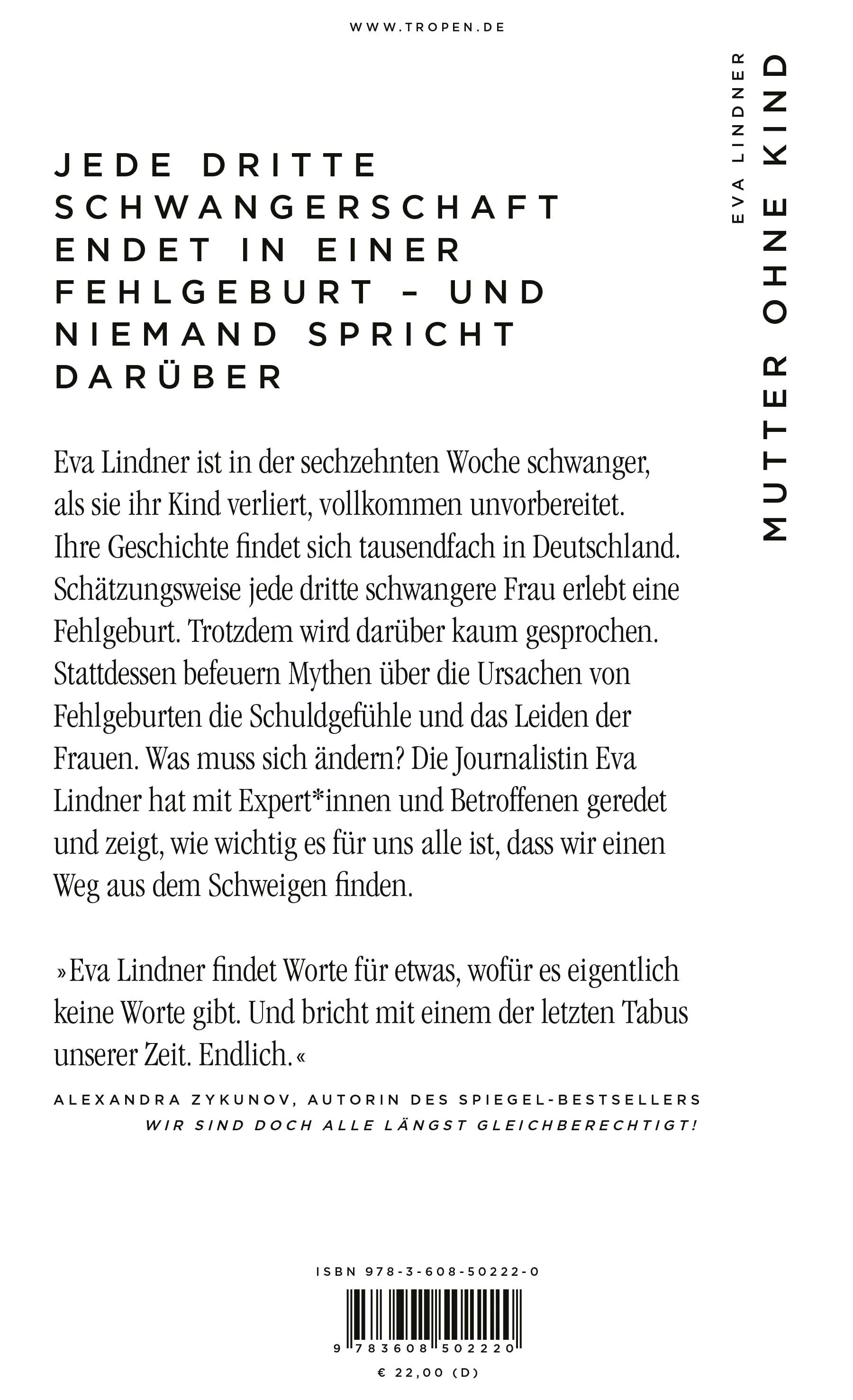 Buchrückseite von 'Mutter ohne Kind' mit Klappentext - Gebundene Ausgabe