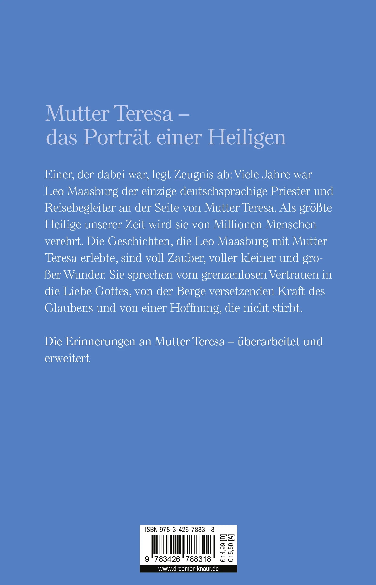 Buchrückseite von 'Mutter Teresa' mit Klappentext - Taschenbuch