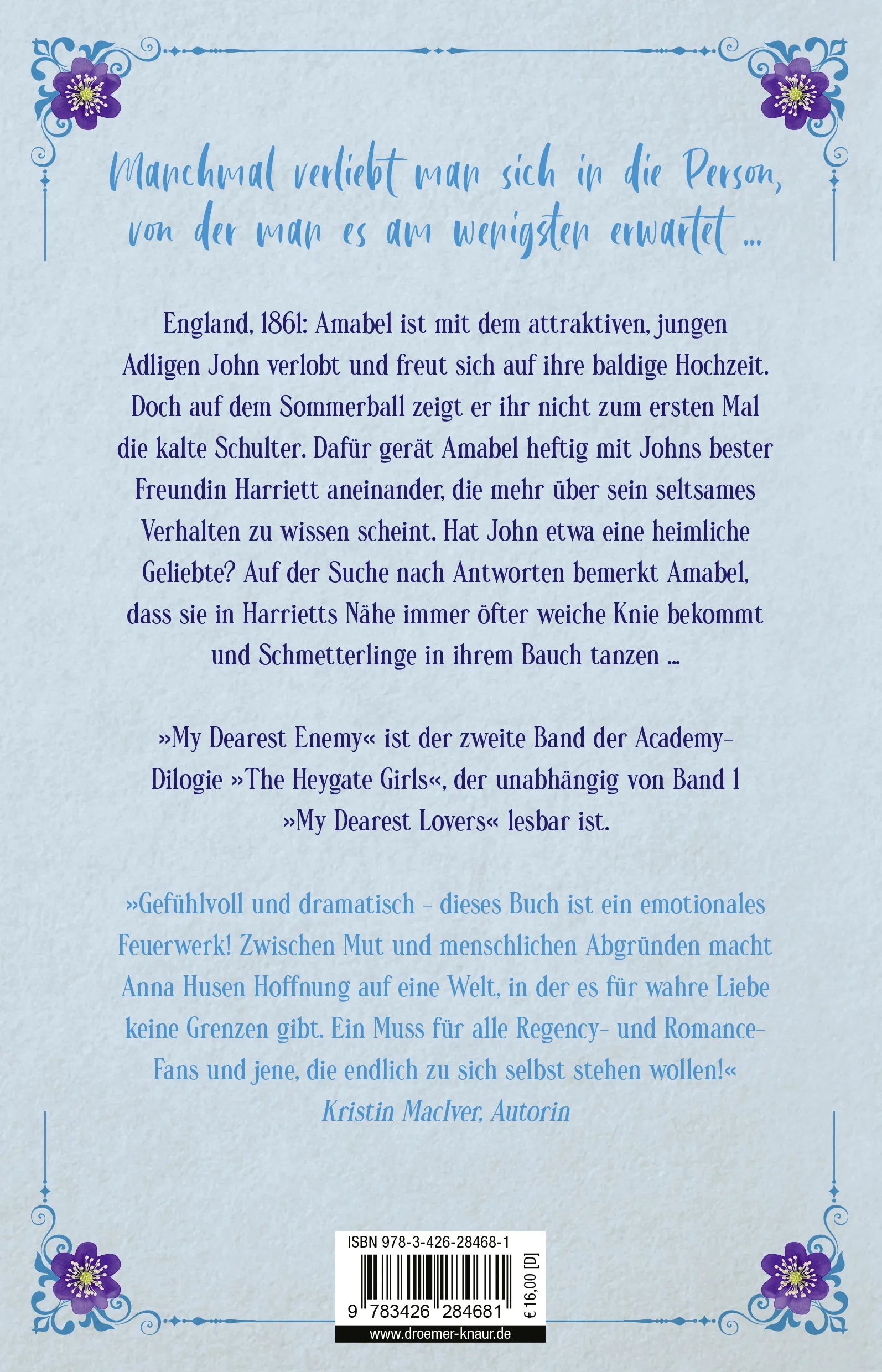 Buchrückseite von 'My Dearest Enemy. The Heygate Girls' mit Klappentext - Paperback