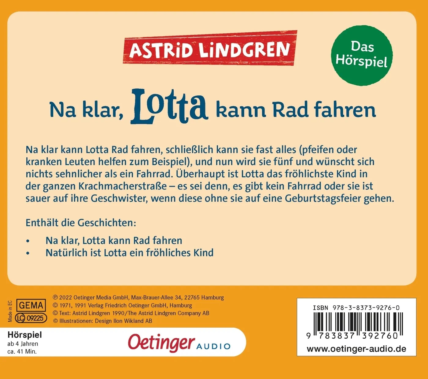 Buchrückseite von 'Na klar, Lotta kann Rad fahren. Das Hörspiel' mit Klappentext - Hörbuch (CD)
