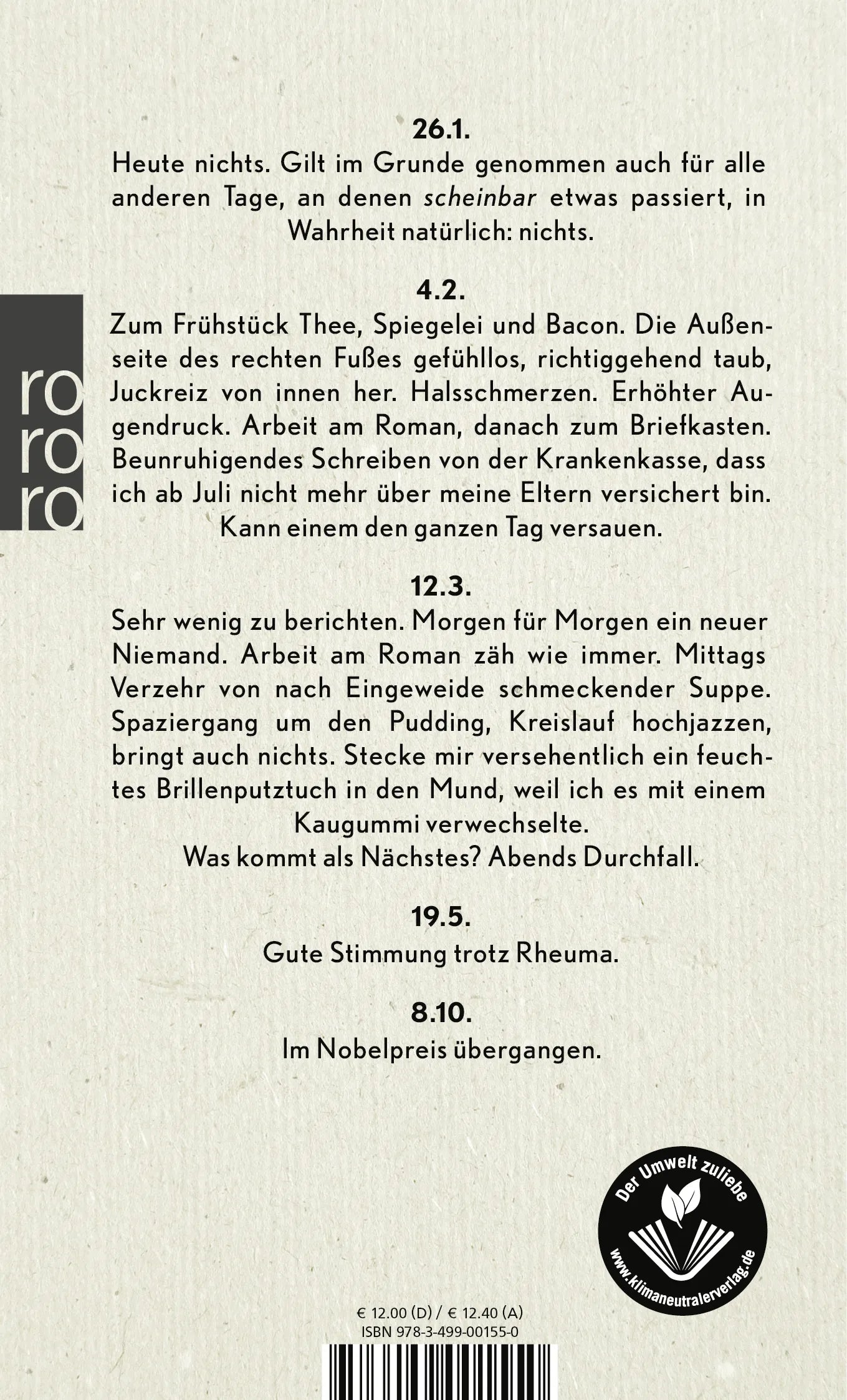 Buchrückseite von 'Nach Notat zu Bett' mit Klappentext - Taschenbuch