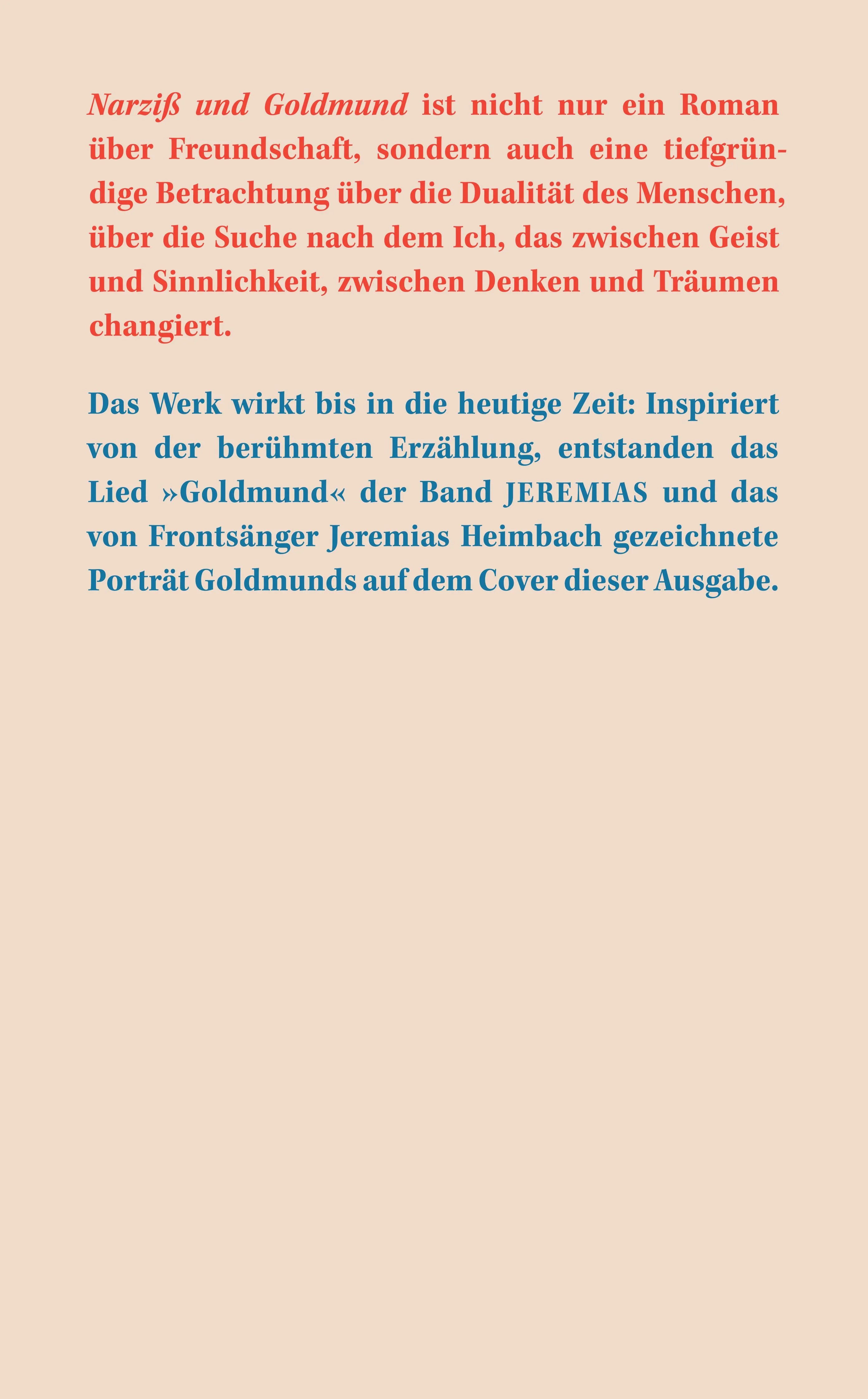Buchrückseite von 'Narziß und Goldmund' mit Klappentext - Taschenbuch