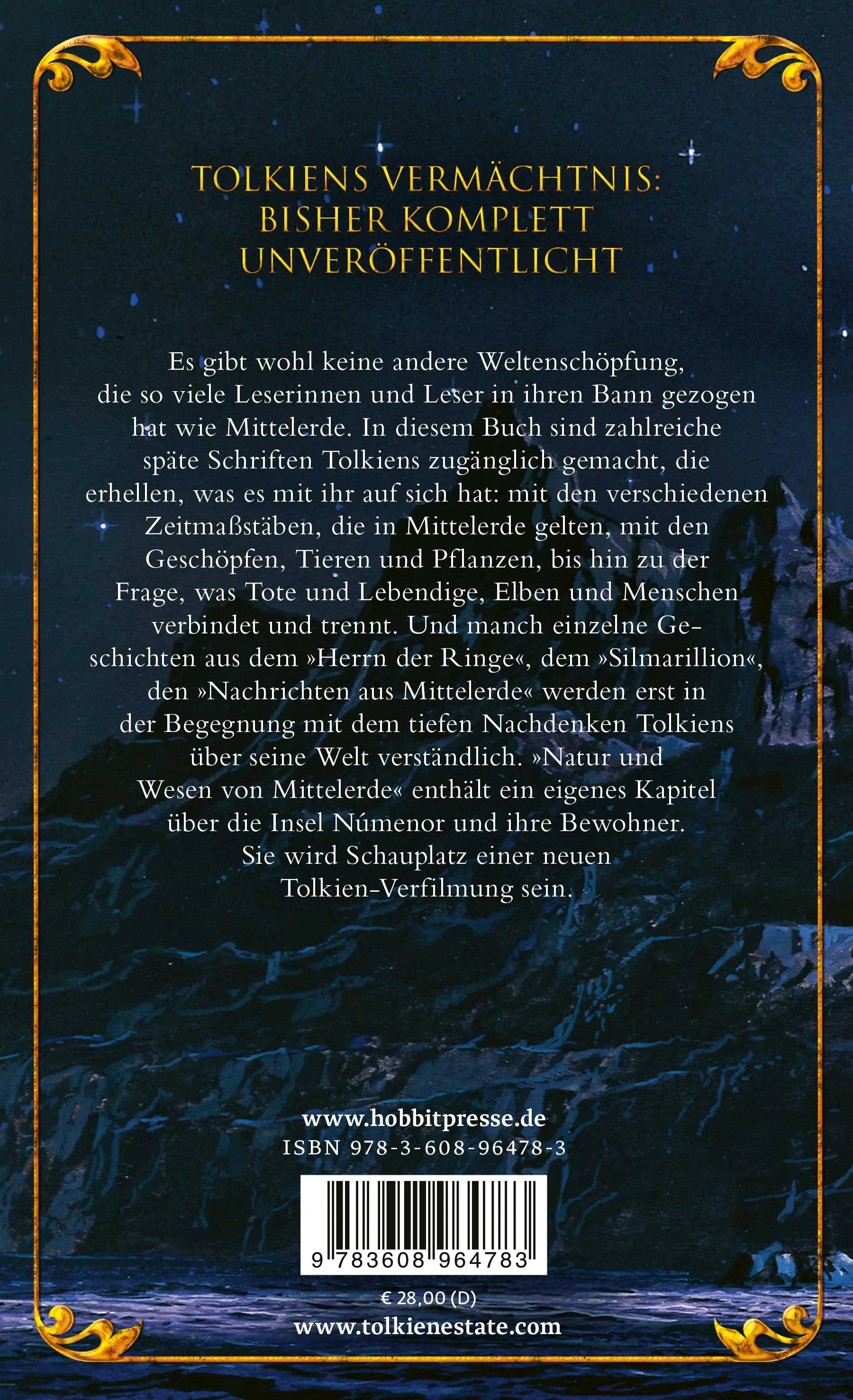 Buchrückseite von 'Natur und Wesen von Mittelerde' mit Klappentext - Gebundene Ausgabe