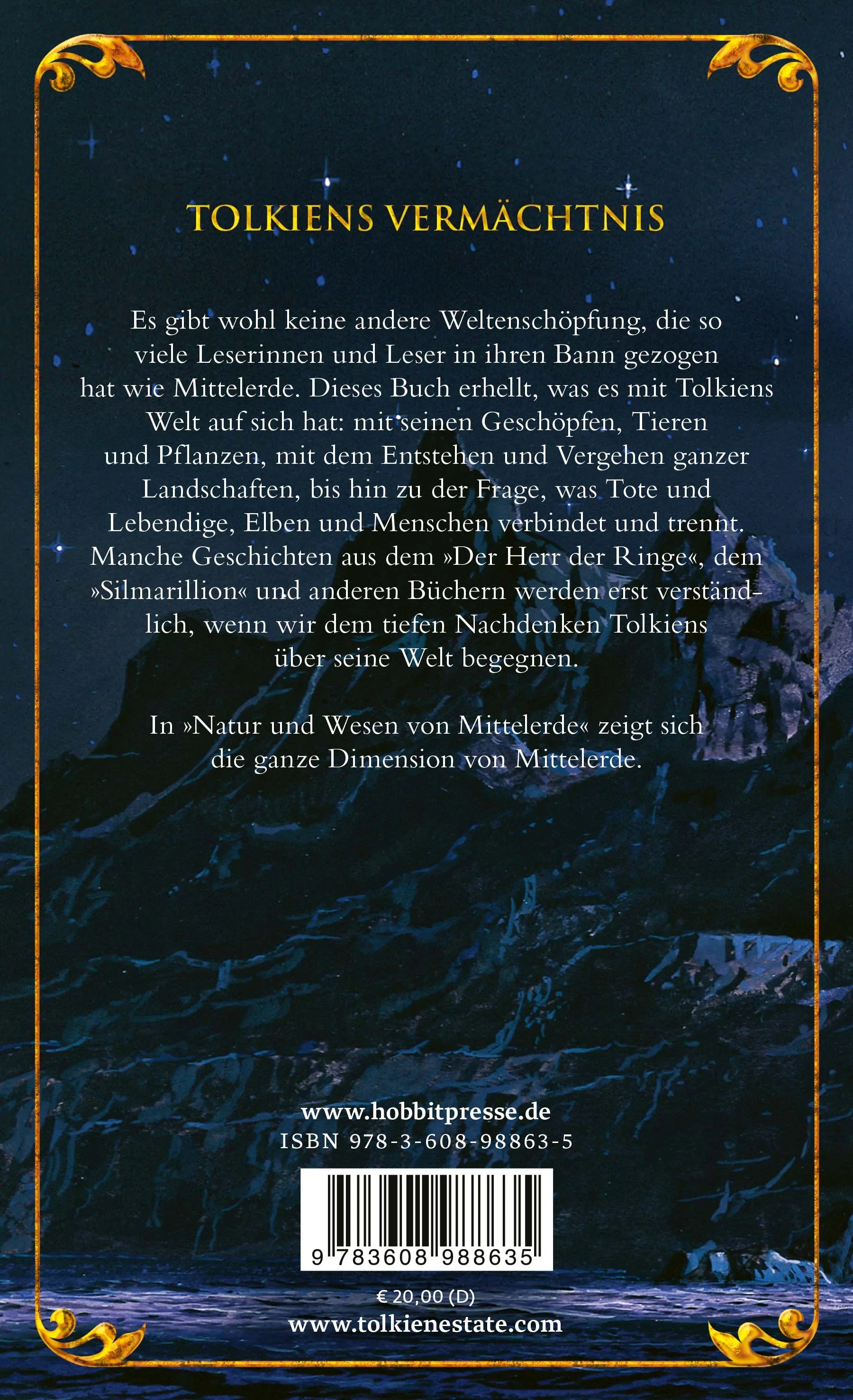Buchrückseite von 'Natur und Wesen von Mittelerde' mit Klappentext - Taschenbuch