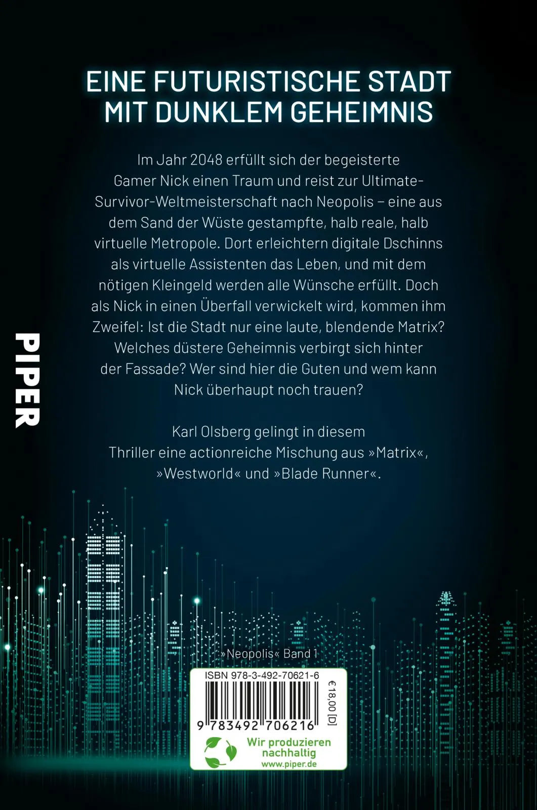 Buchrückseite von 'Neopolis – Die Stadt aus Licht' mit Klappentext - Paperback
