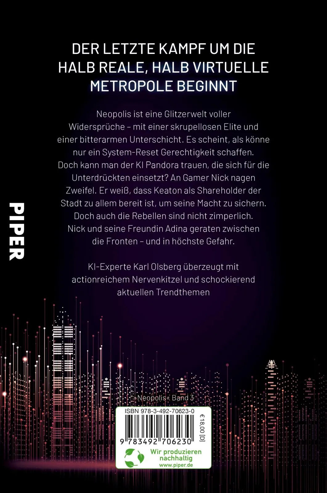 Buchrückseite von 'Neopolis – Ein Fehler im System' mit Klappentext - Paperback