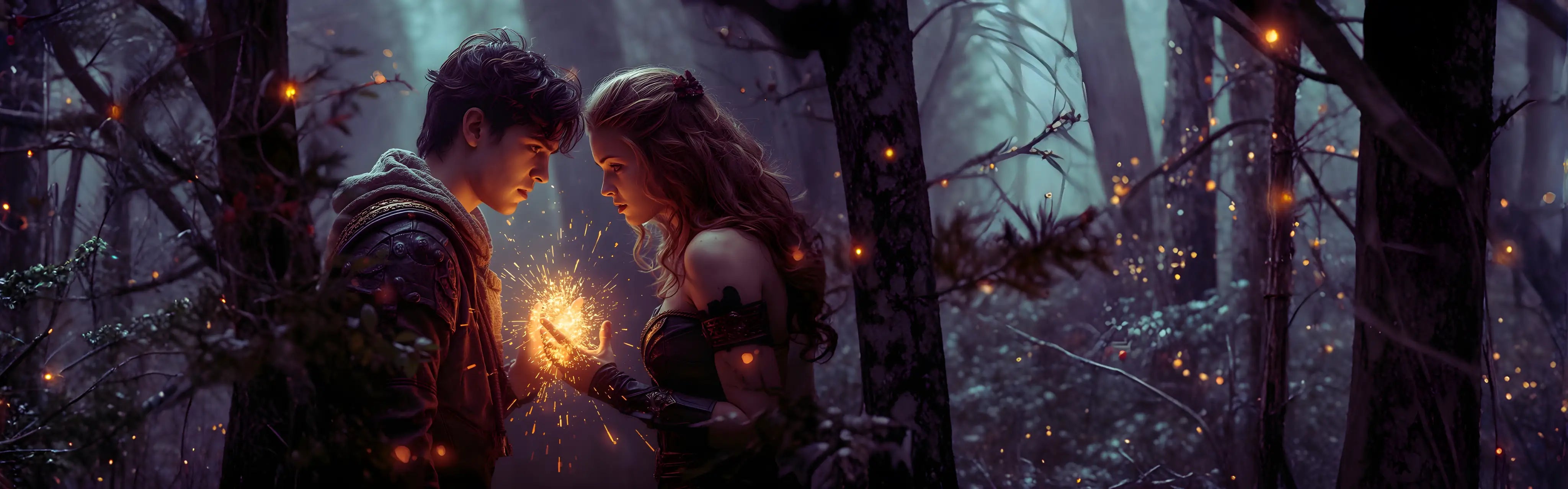 Episches Romantasy Bücher Banner für Desktop mit einem magischen Paar im nächtlichen Wald.