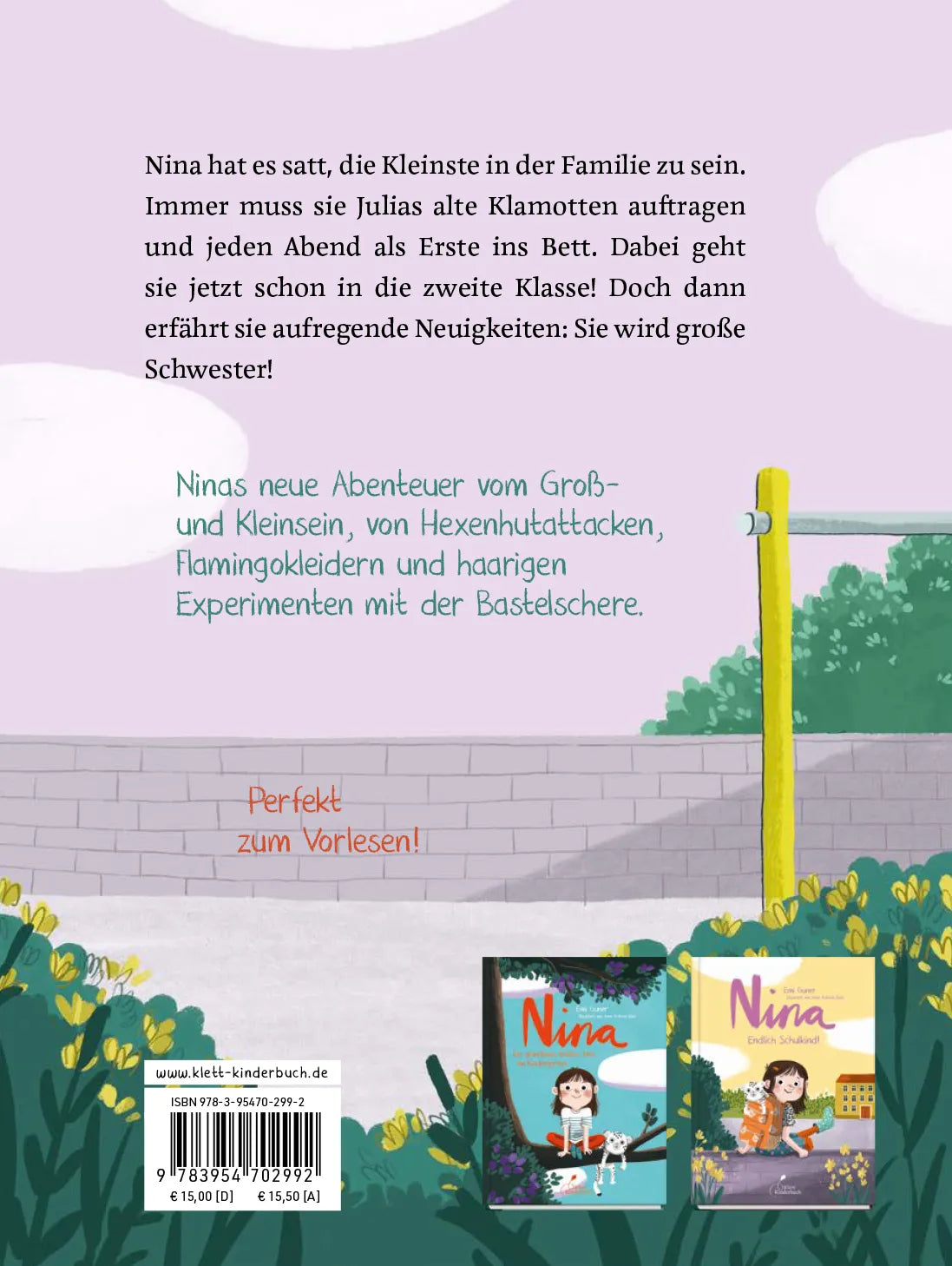 Buchrückseite von 'Nina - Kopfüber ins neue Schuljahr' mit Klappentext - Gebundene Ausgabe