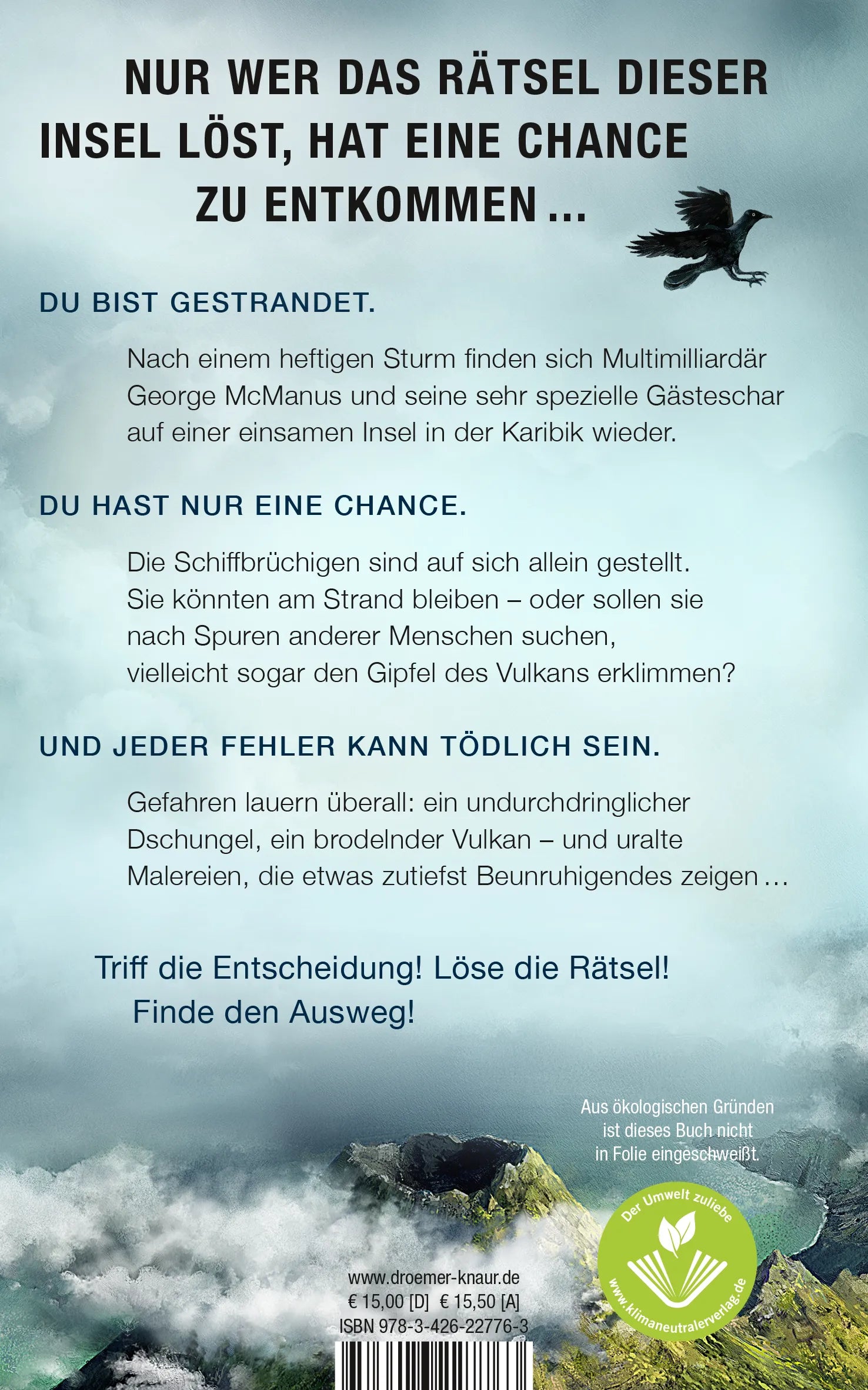 Buchrückseite von 'No Escape - Insel der Toten' mit Klappentext - Gebundene Ausgabe
