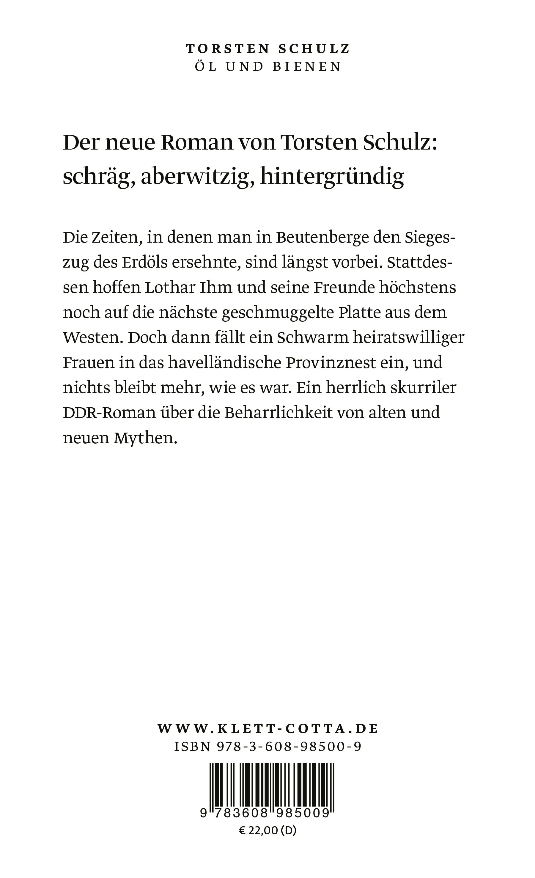 Buchrückseite von 'Öl und Bienen' mit Klappentext - Gebundene Ausgabe