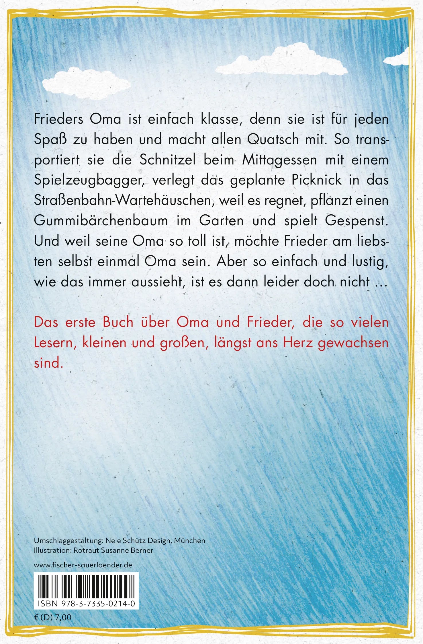 Buchrückseite von '»Oma!«, schreit der Frieder' mit Klappentext - Taschenbuch