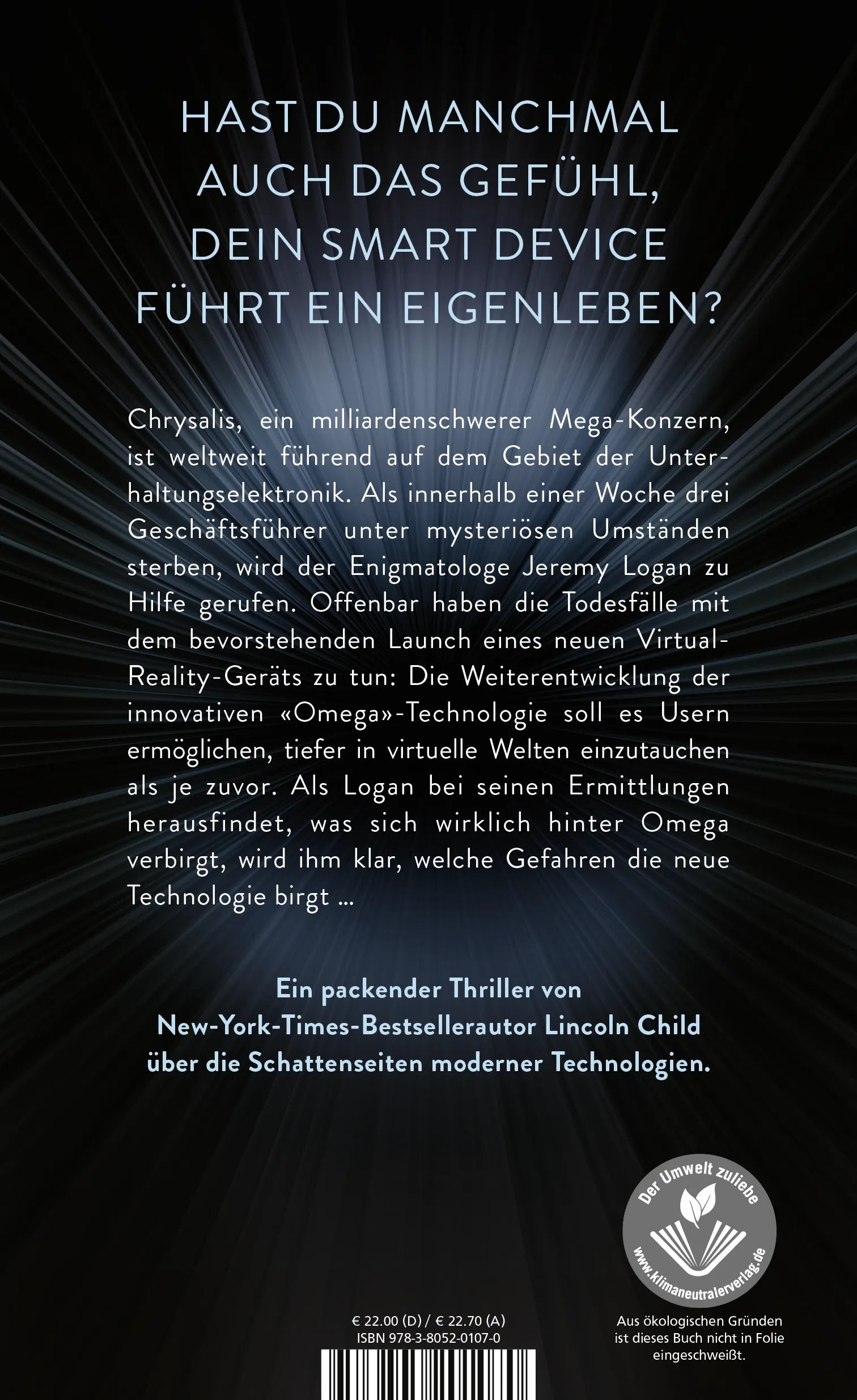 Buchrückseite von 'Omega' mit Klappentext - Gebundene Ausgabe