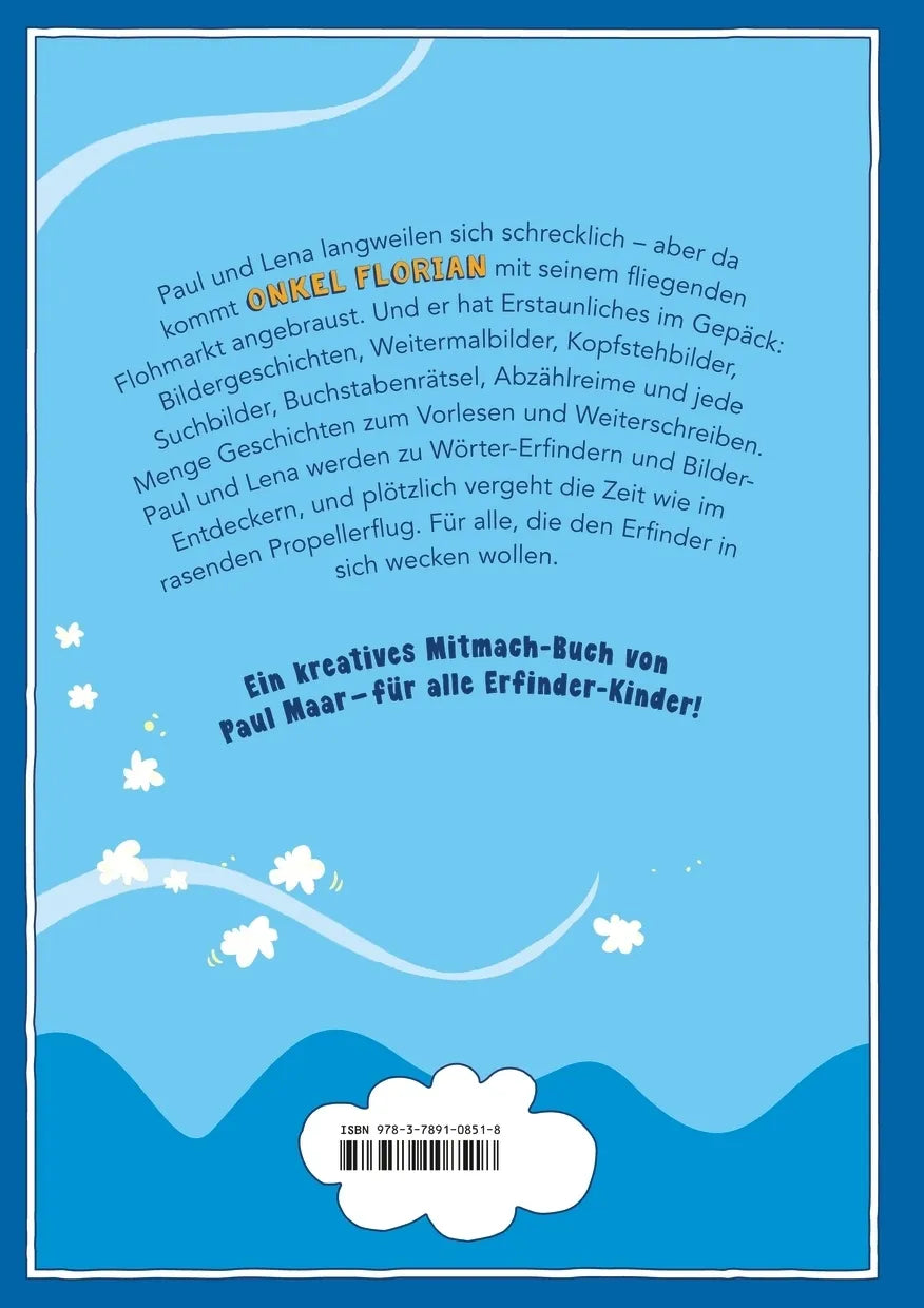 Buchrückseite von 'Onkel Florians fliegender Flohmarkt. Neu illustriert von Nina Dulleck' mit Klappentext - Gebundene Ausgabe