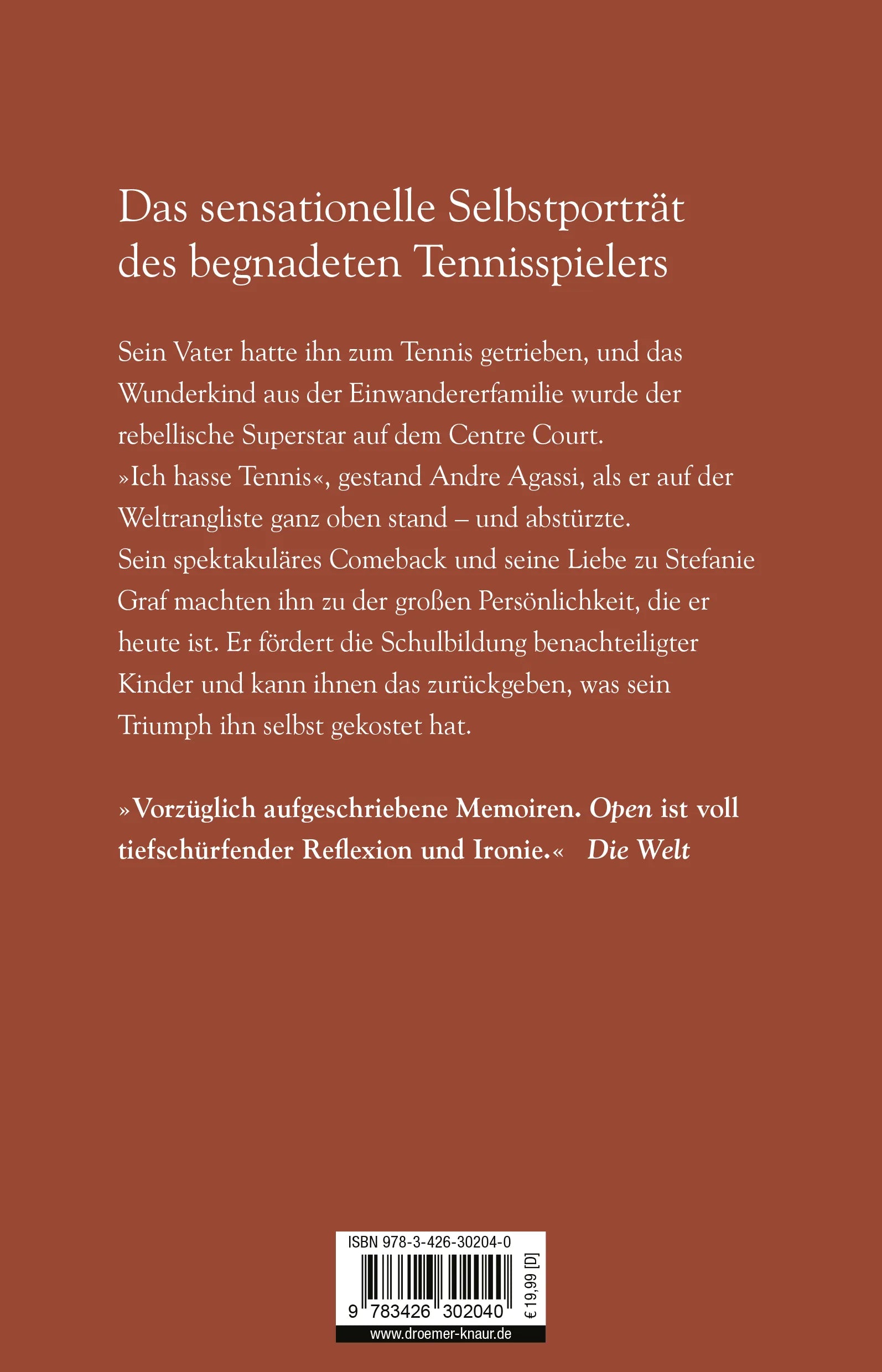 Buchrückseite von 'Open' mit Klappentext - Taschenbuch