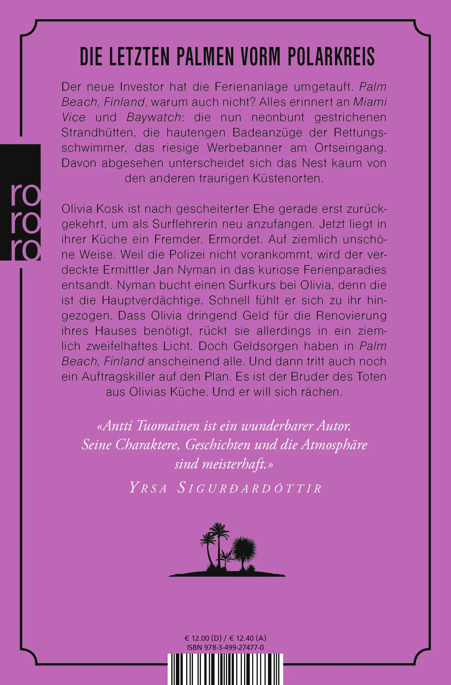 Buchrückseite von 'Palm Beach, Finland' mit Klappentext - Taschenbuch