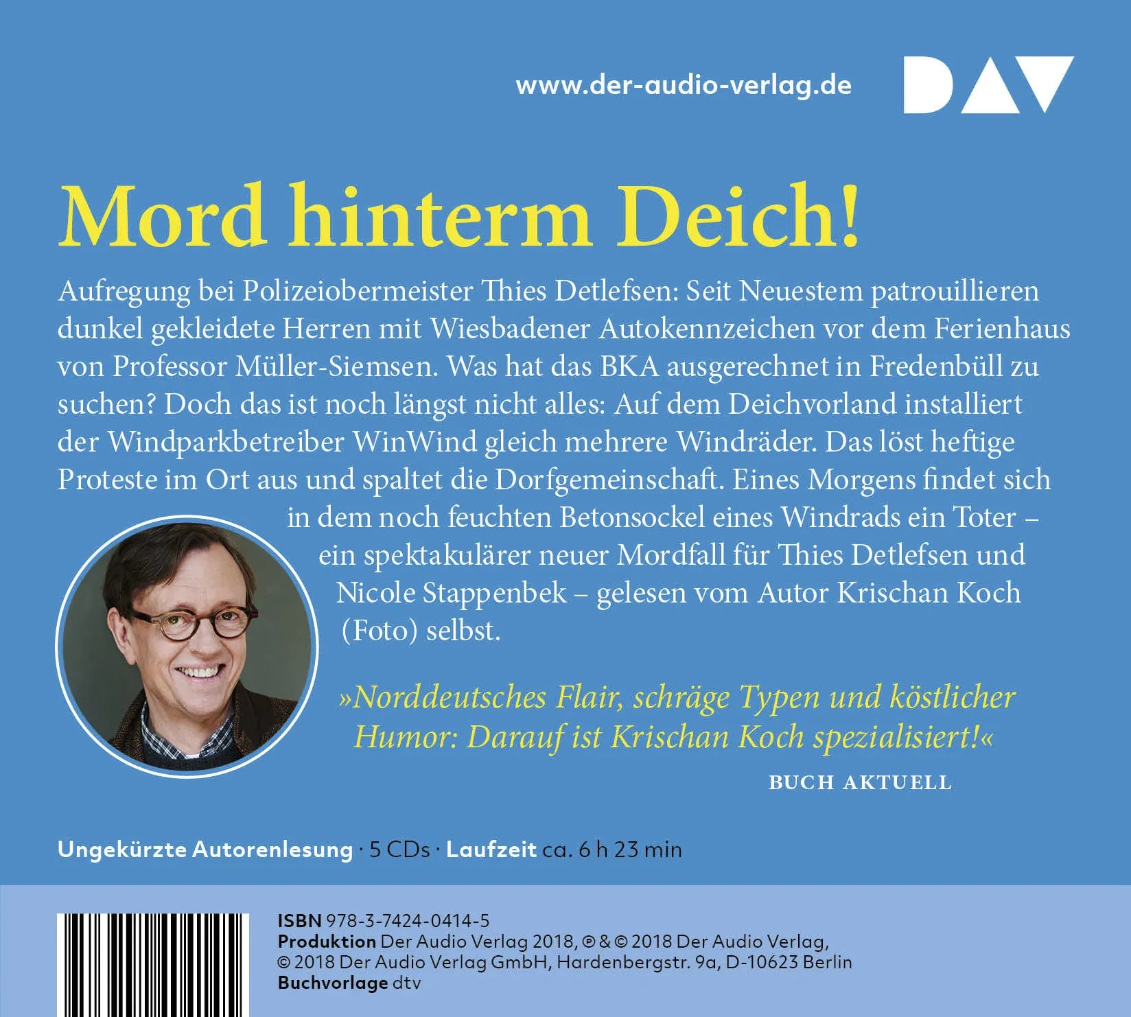 Buchrückseite von 'Pannfisch für den Paten. Ein Küstenkrimi' mit Klappentext - Hörbuch (CD)