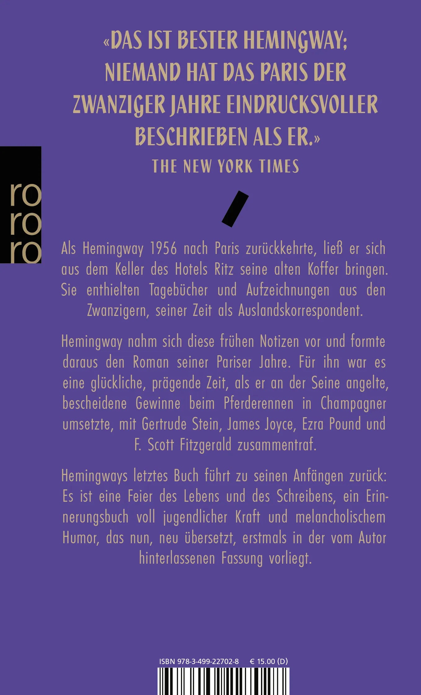 Buchrückseite von 'Paris, ein Fest fürs Leben' mit Klappentext - Taschenbuch