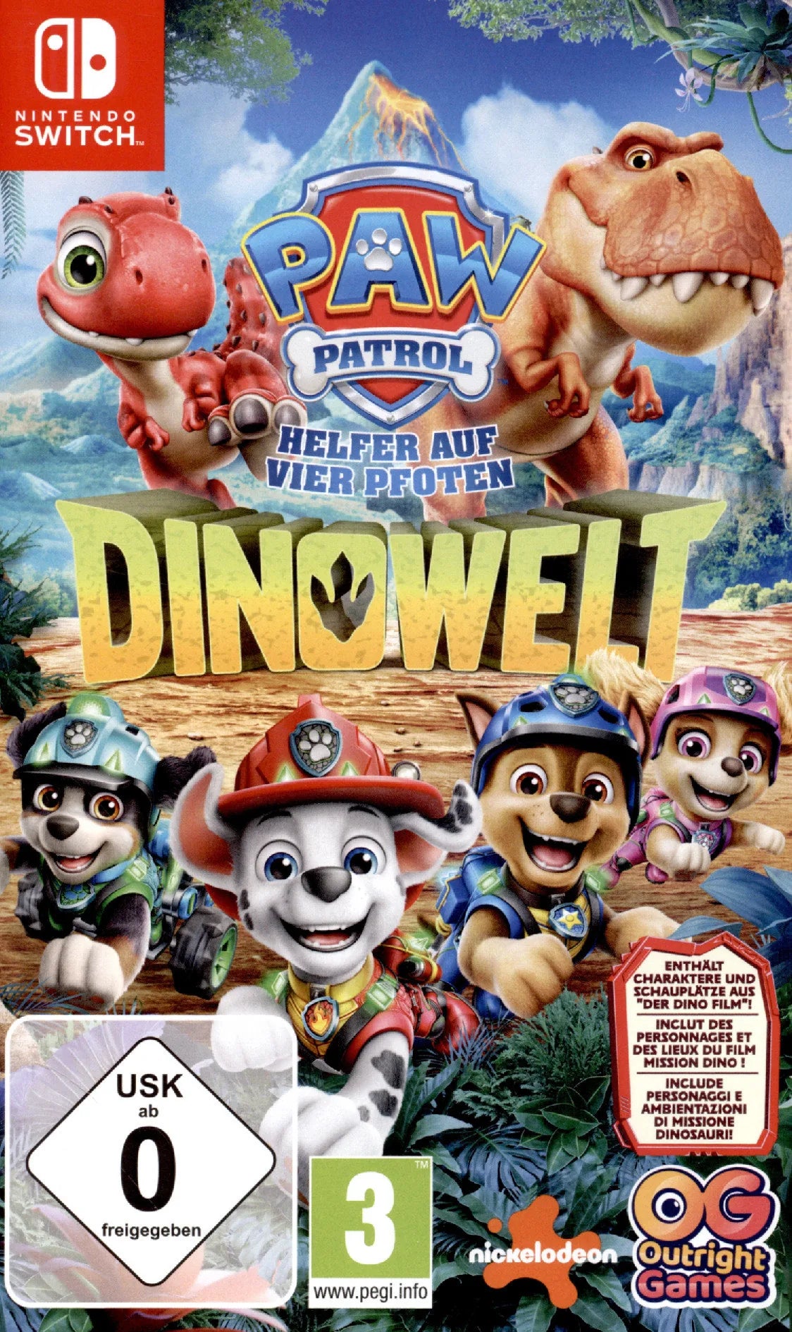 Cover: Paw Patrol - Helfer auf vier Pfoten: Dinowelt für Nintendo Switch. Publisher: Bandai Namco Entertainment Germany