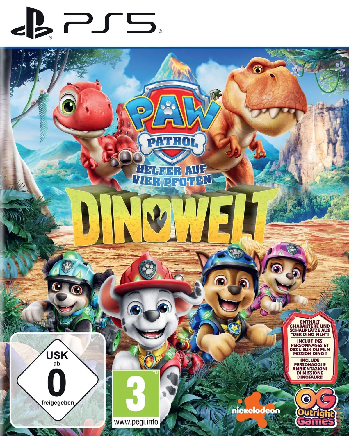 Cover: Paw Patrol - Helfer auf vier Pfoten: Dinowelt für Playstation 5. Publisher: Bandai Namco Entertainment Germany