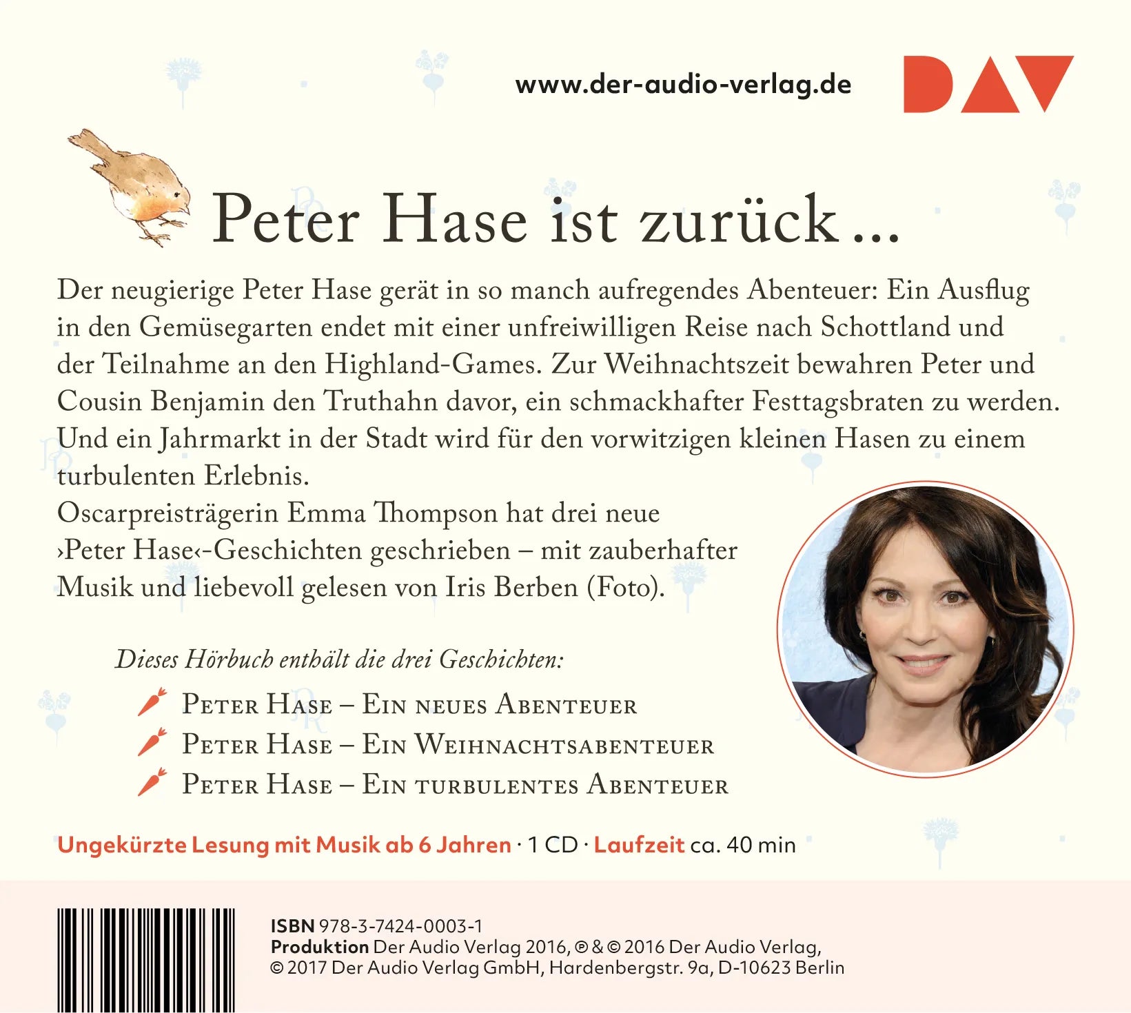 Buchrückseite von 'Peter Hase – Ein neues Abenteuer und zwei weitere Geschichten' mit Klappentext - Hörbuch (CD)