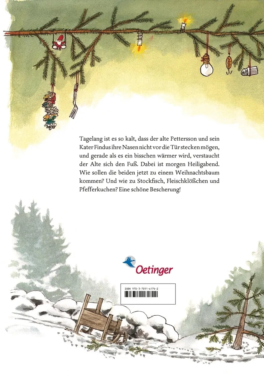 Buchrückseite von 'Pettersson und Findus. Pettersson kriegt Weihnachtsbesuch' mit Klappentext - Gebundene Ausgabe