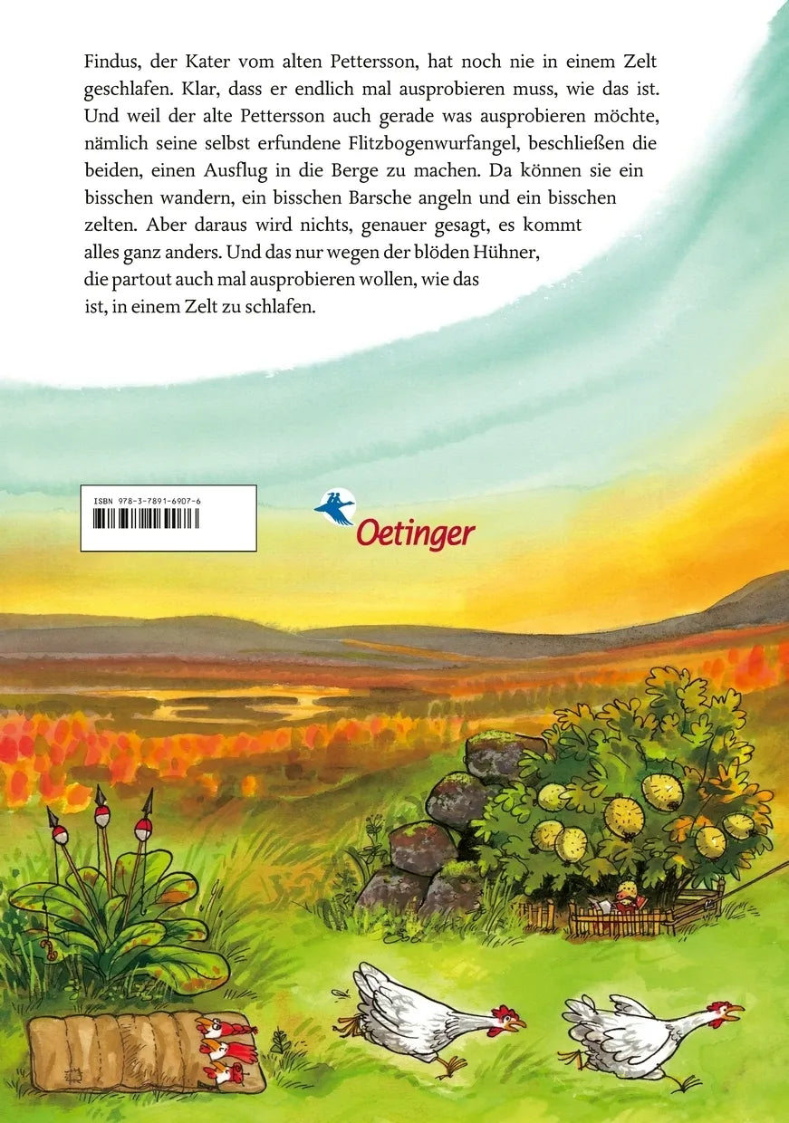 Buchrückseite von 'Pettersson und Findus. Pettersson zeltet' mit Klappentext - Gebundene Ausgabe