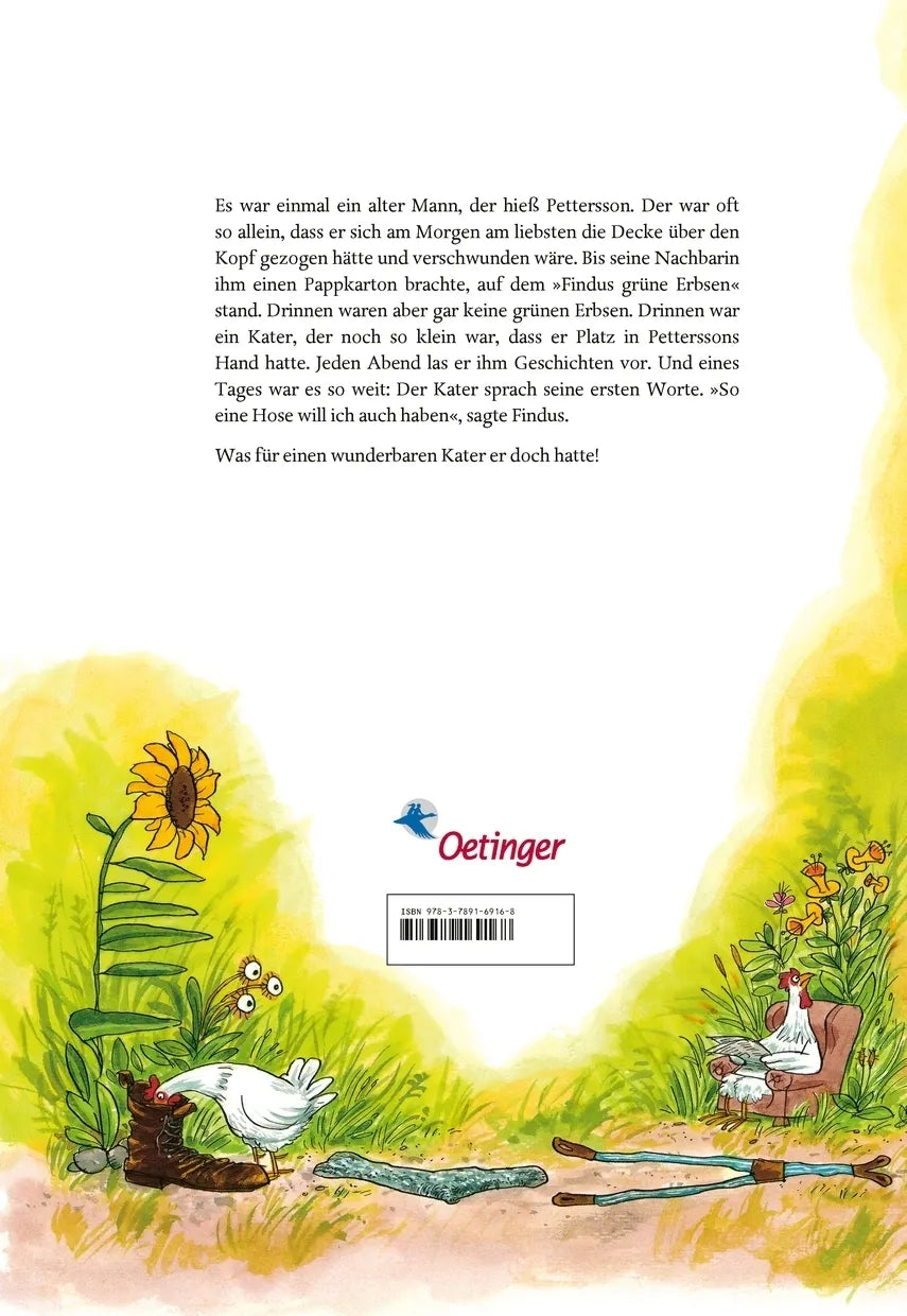 Buchrückseite von 'Pettersson und Findus. Wie Findus zu Pettersson kam' mit Klappentext - Gebundene Ausgabe