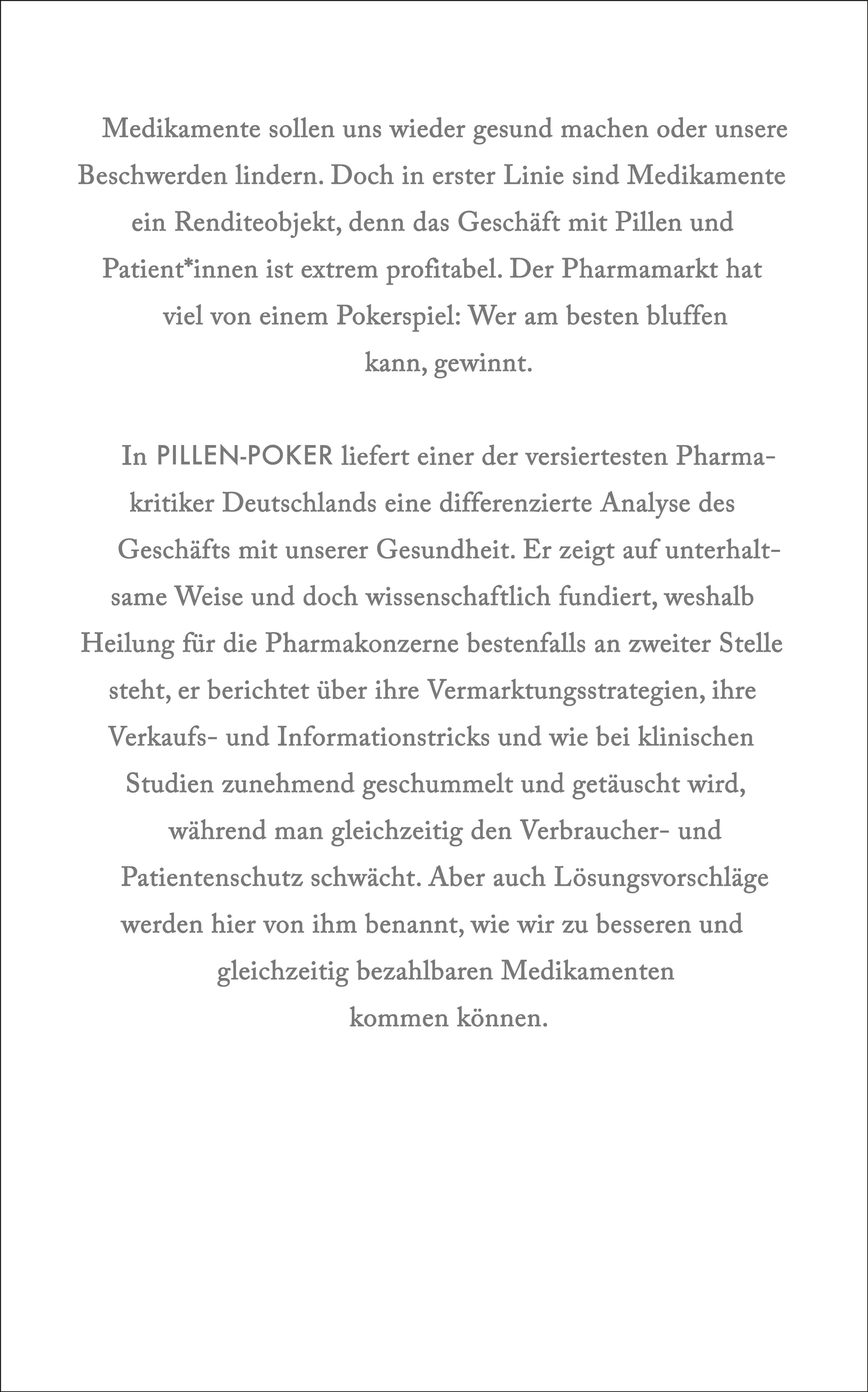 Buchrückseite von 'Pillen-Poker' mit Klappentext - Paperback