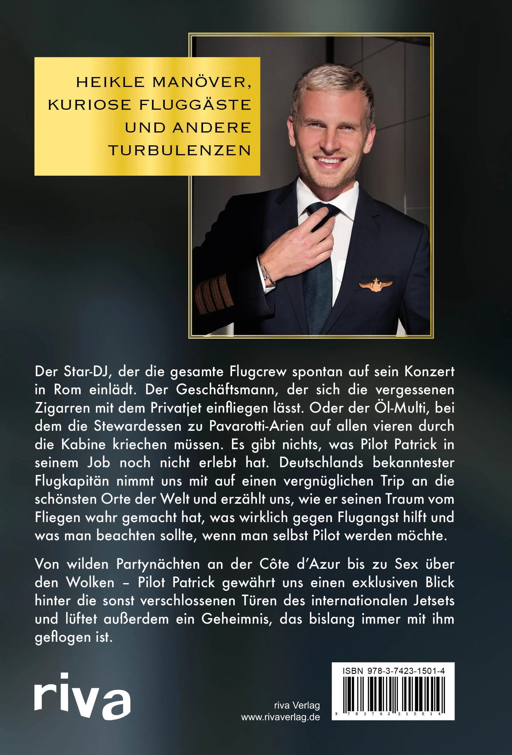 Buchrückseite von 'Pilot Patrick' mit Klappentext - Gebundene Ausgabe
