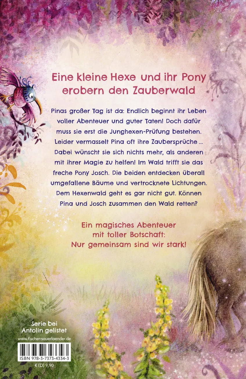 Buchrückseite von 'Pina Ponyhexe – Eine magische Freundschaft' mit Klappentext - Gebundene Ausgabe