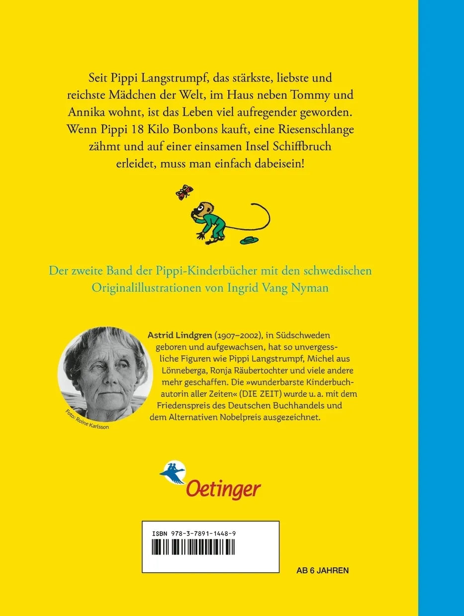 Buchrückseite von 'Pippi Langstrumpf 2. Pippi Langstrumpf geht an Bord' mit Klappentext - Gebundene Ausgabe