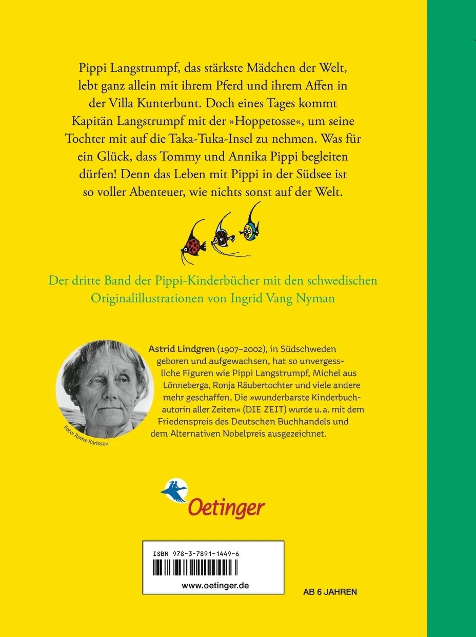Buchrückseite von 'Pippi Langstrumpf 3. Pippi in Taka-Tuka-Land' mit Klappentext - Gebundene Ausgabe