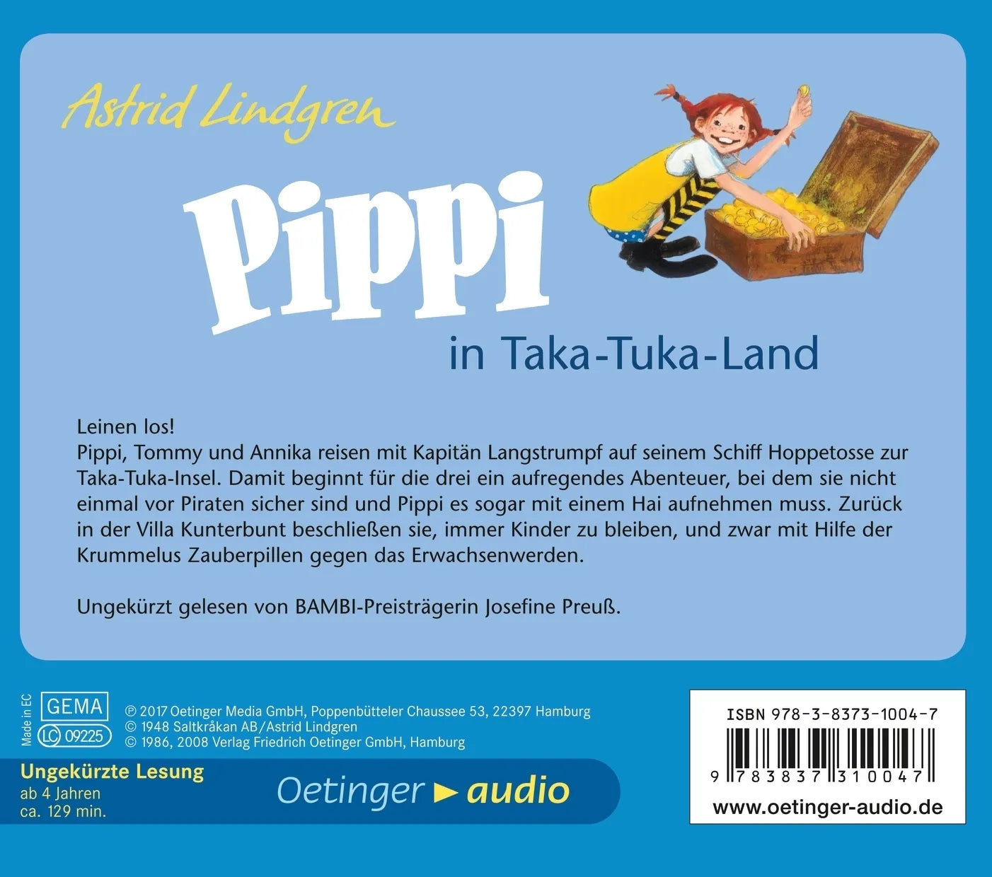 Buchrückseite von 'Pippi Langstrumpf 3. Pippi in Taka-Tuka-Land' mit Klappentext - Hörbuch (CD)