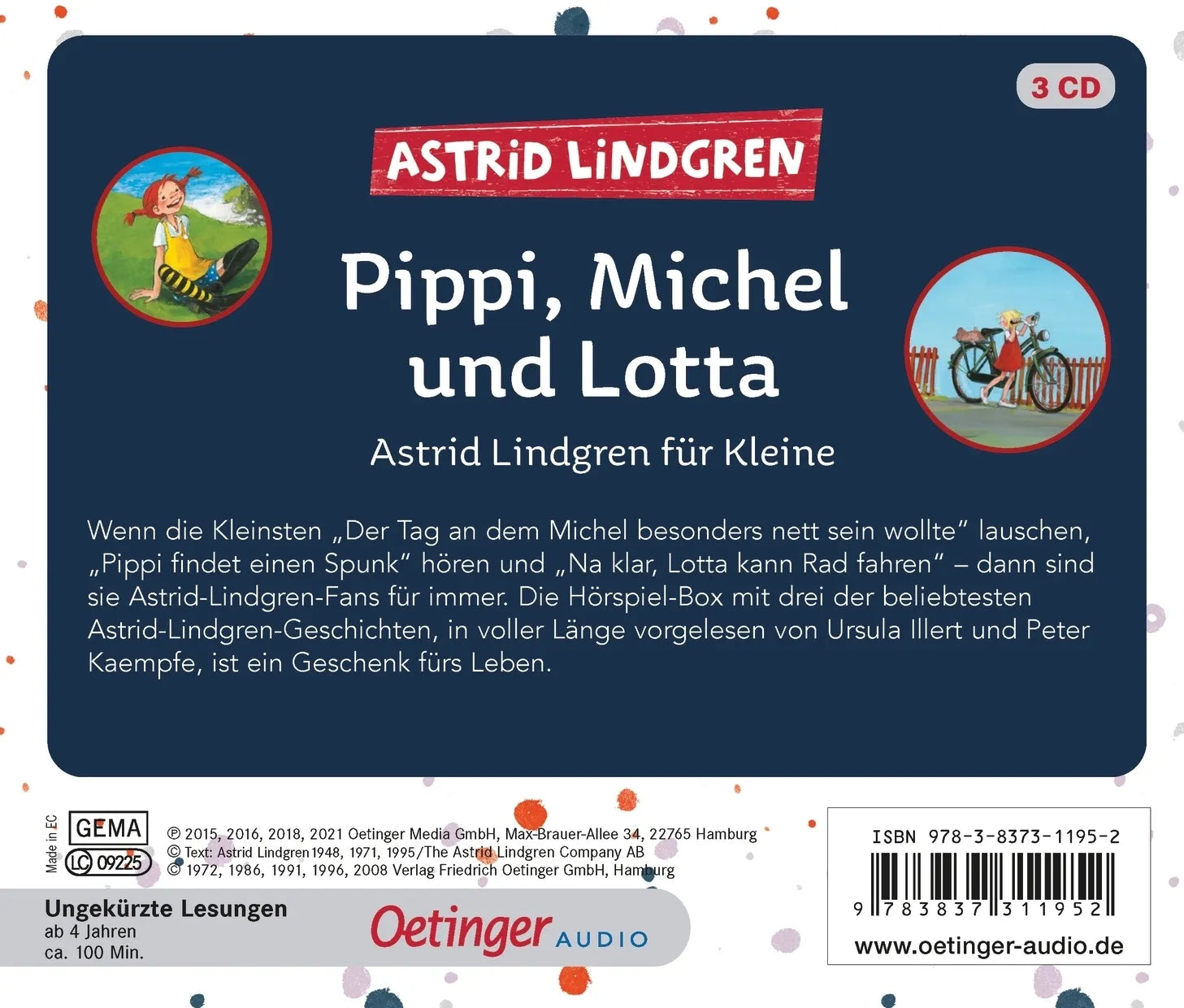 Buchrückseite von 'Pippi, Michel und Lotta' mit Klappentext - Hörbuch (CD)
