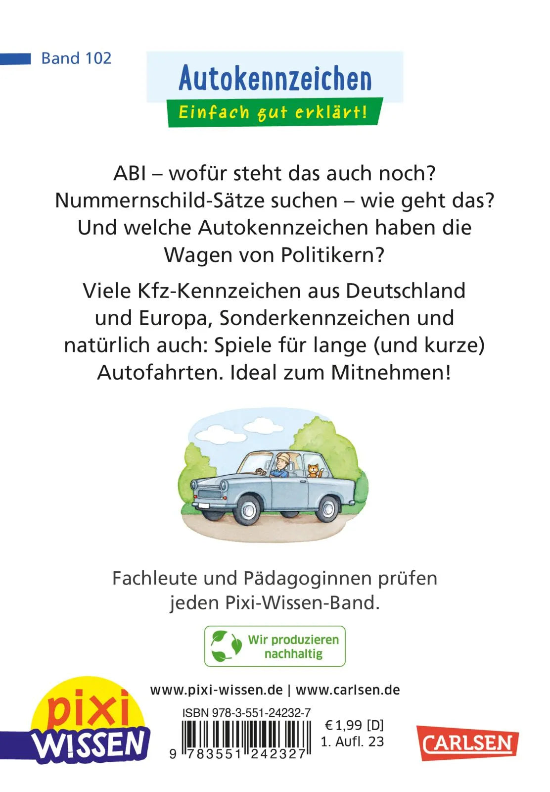 Buchrückseite von 'Pixi Wissen 102: Autokennzeichen' mit Klappentext - Taschenbuch