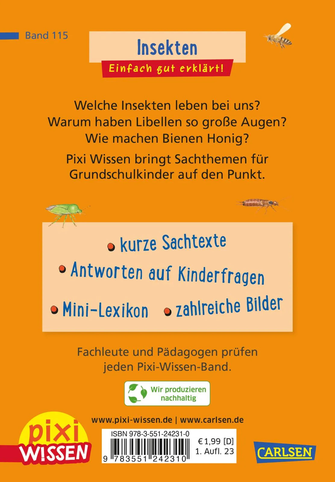 Buchrückseite von 'Pixi Wissen 115: Insekten' mit Klappentext - Taschenbuch