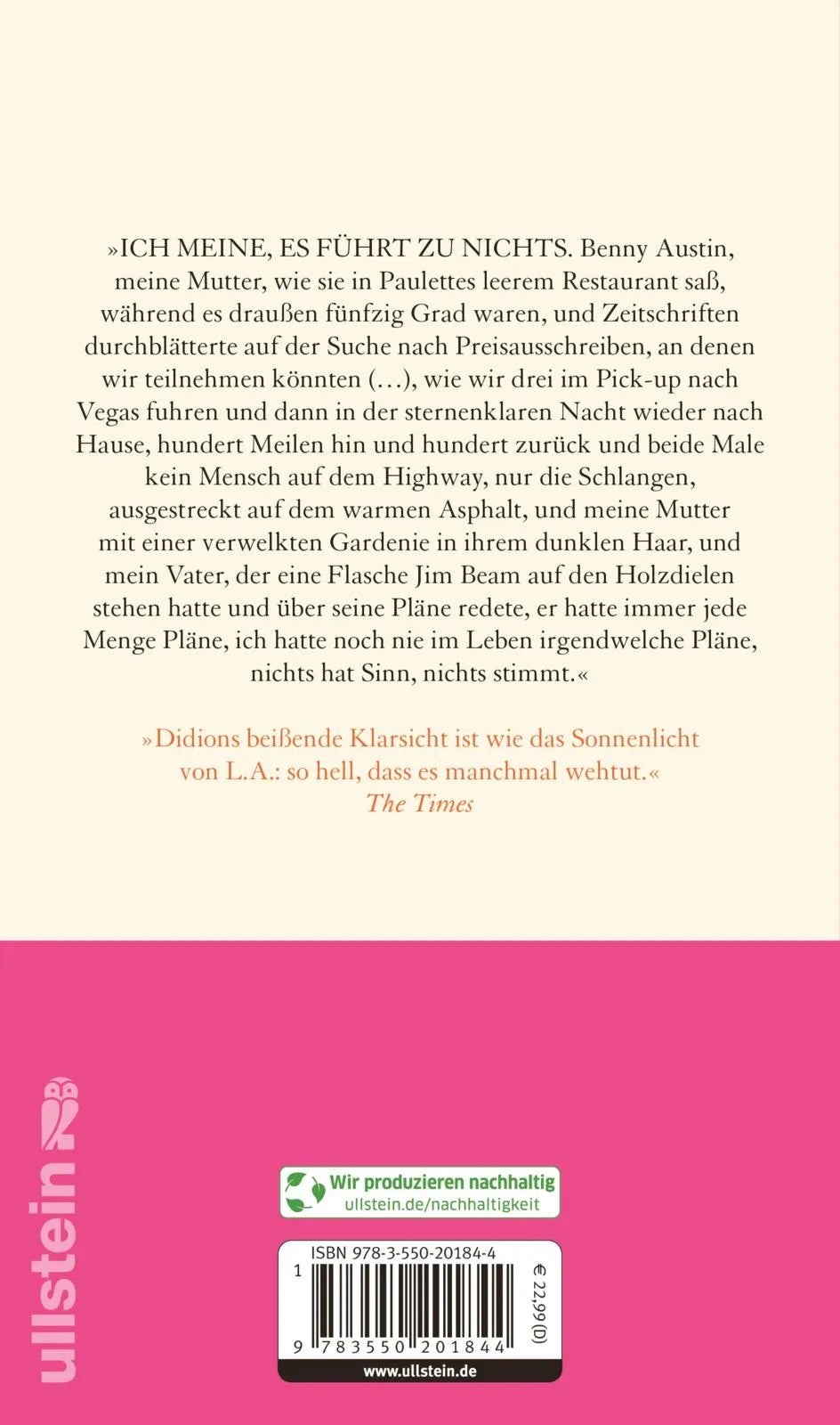 Buchrückseite von 'Play It As It Lays' mit Klappentext - Gebundene Ausgabe