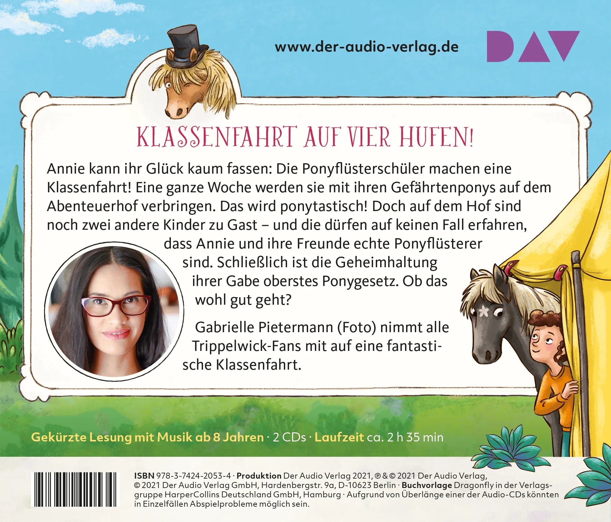 Buchrückseite von 'Ponyschule Trippelwick – Teil 5: Da lachen ja die Ponys' mit Klappentext - Hörbuch (CD)