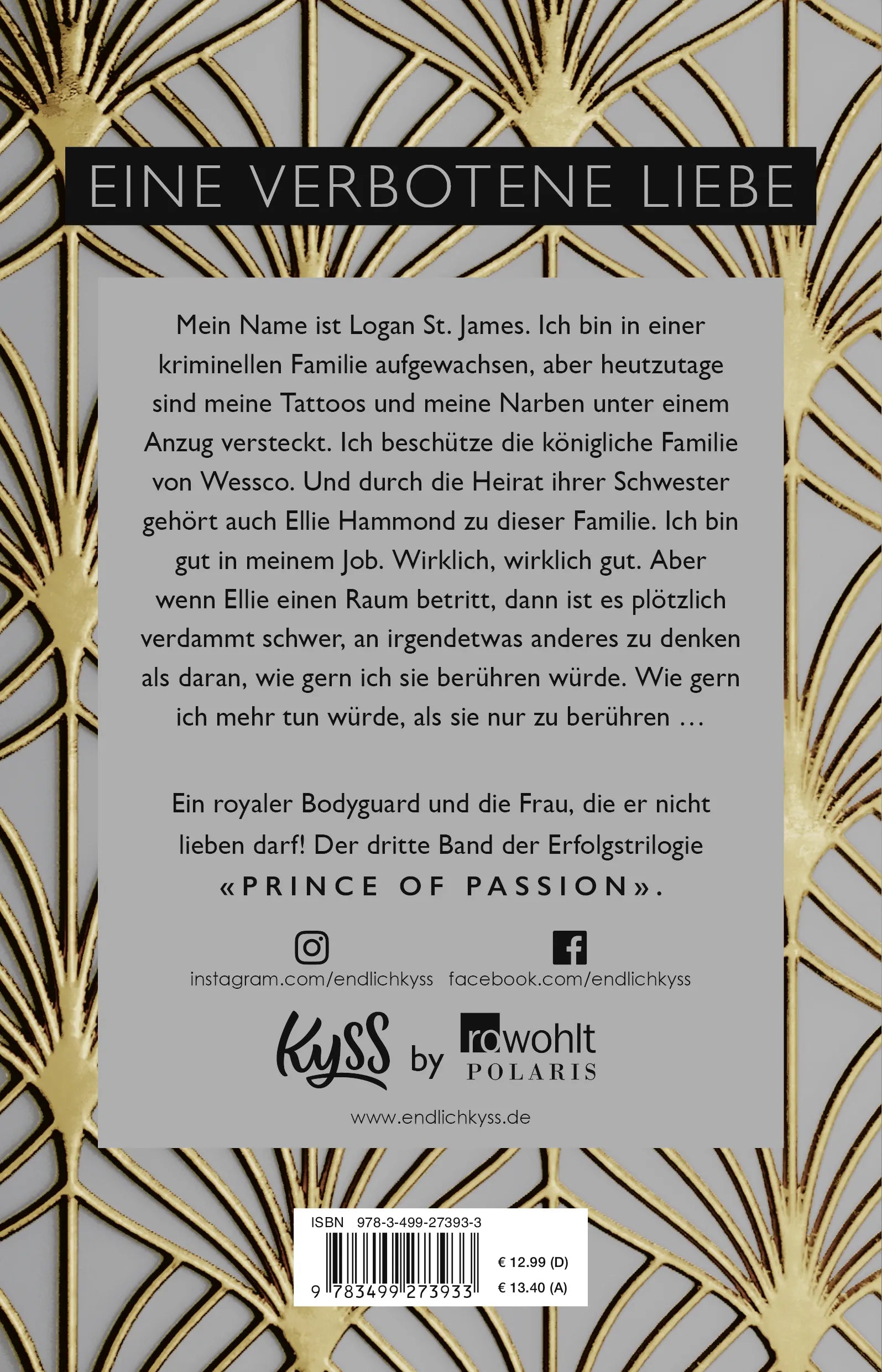 Buchrückseite von 'Prince of Passion – Logan' mit Klappentext - Paperback