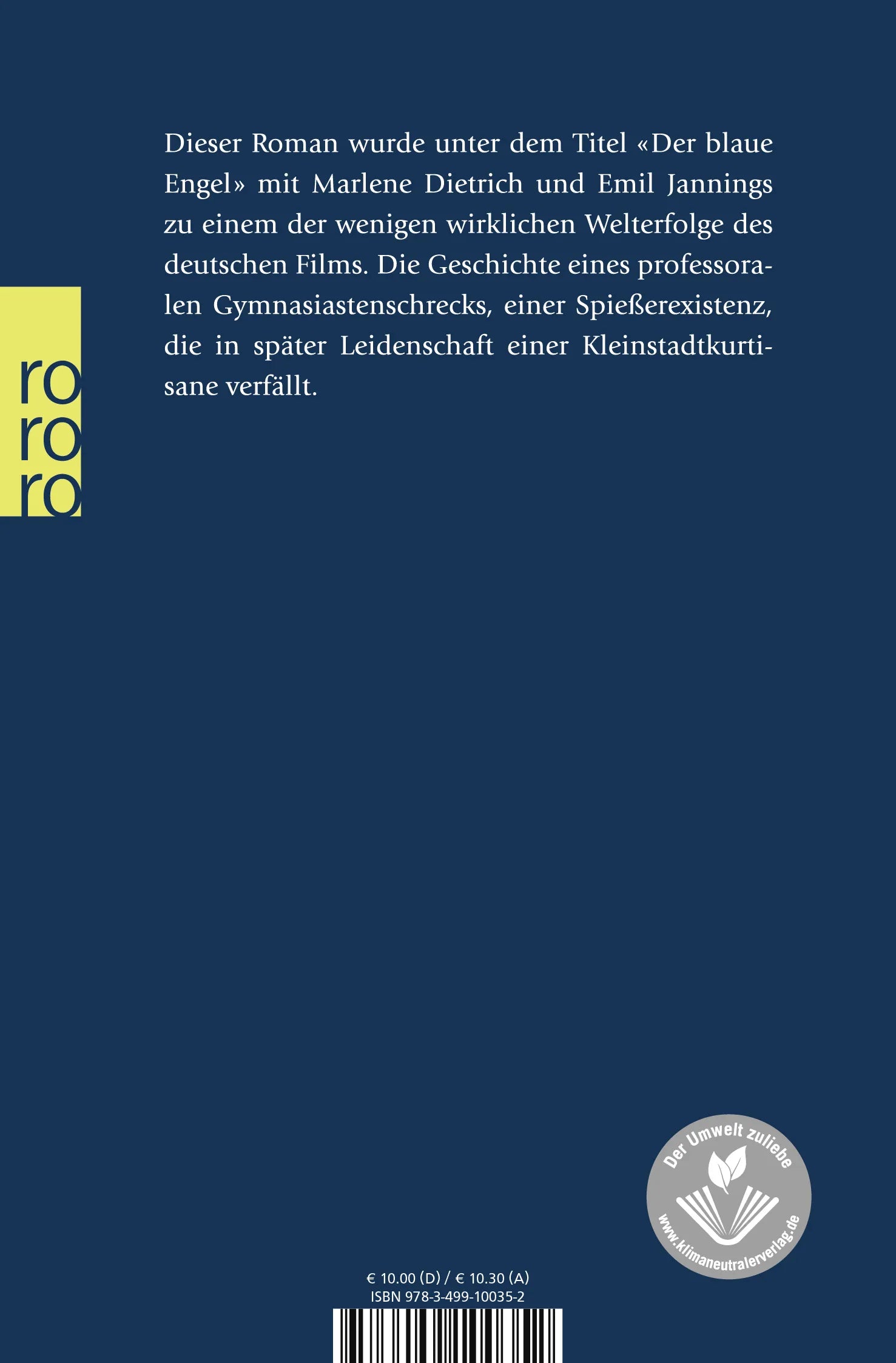 Buchrückseite von 'Professor Unrat' mit Klappentext - Taschenbuch