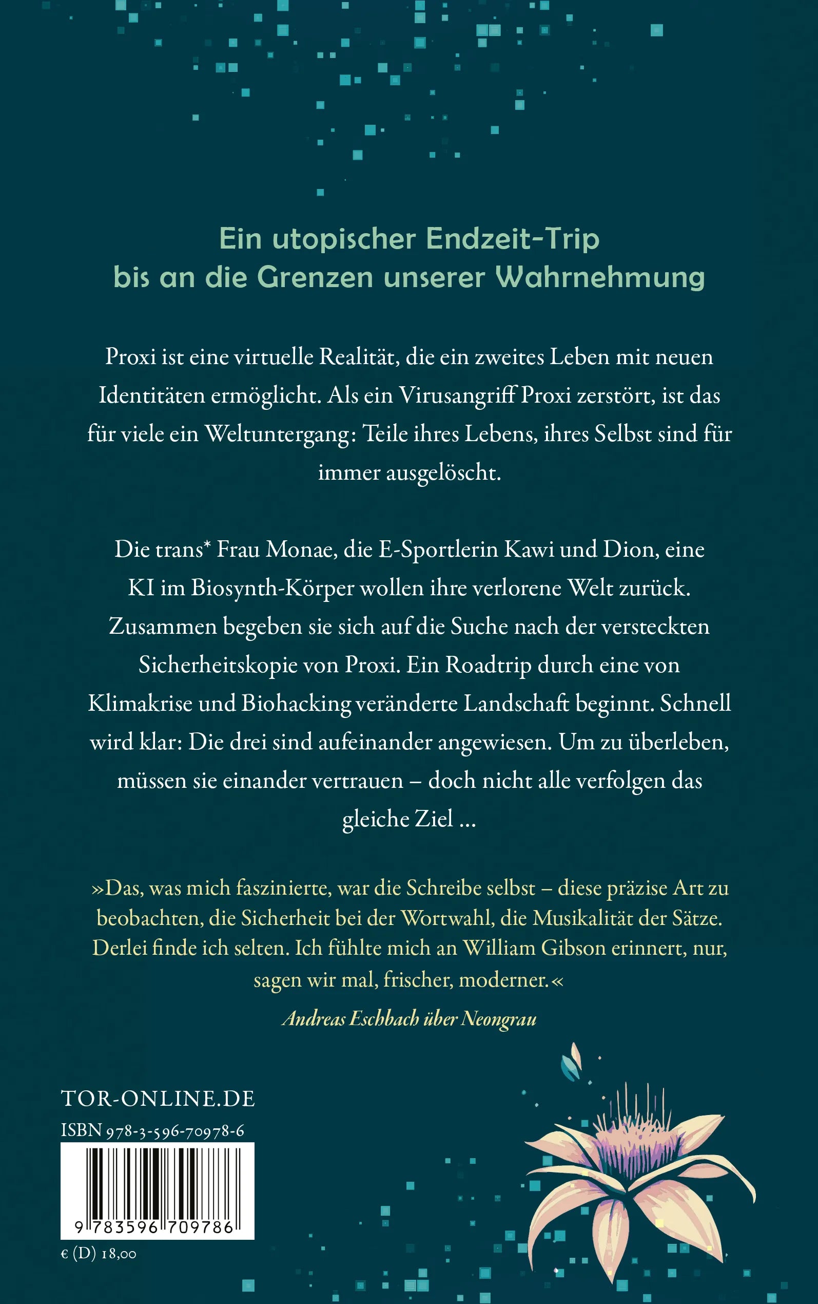 Buchrückseite von 'Proxi. Eine Endzeit-Utopie' mit Klappentext - Paperback
