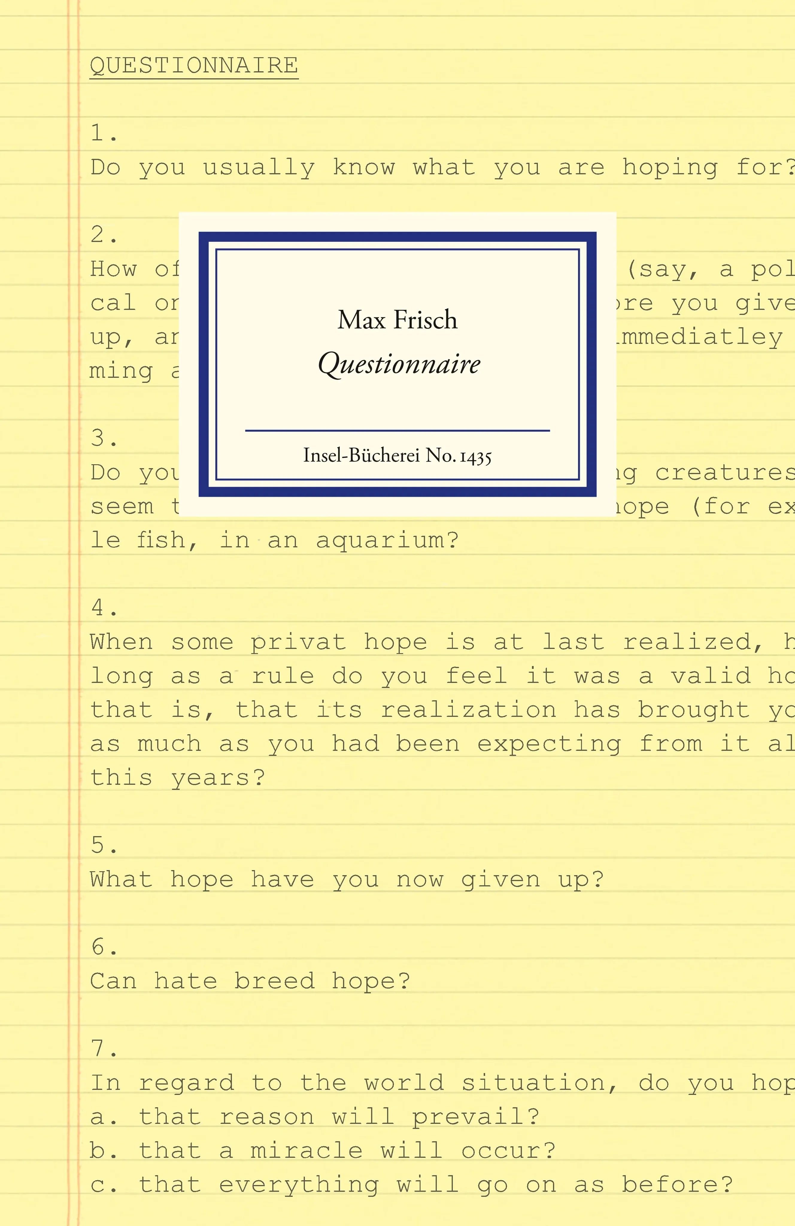 Buchcover von 'Questionnaire' - Gebundene Ausgabe von Max Frisch