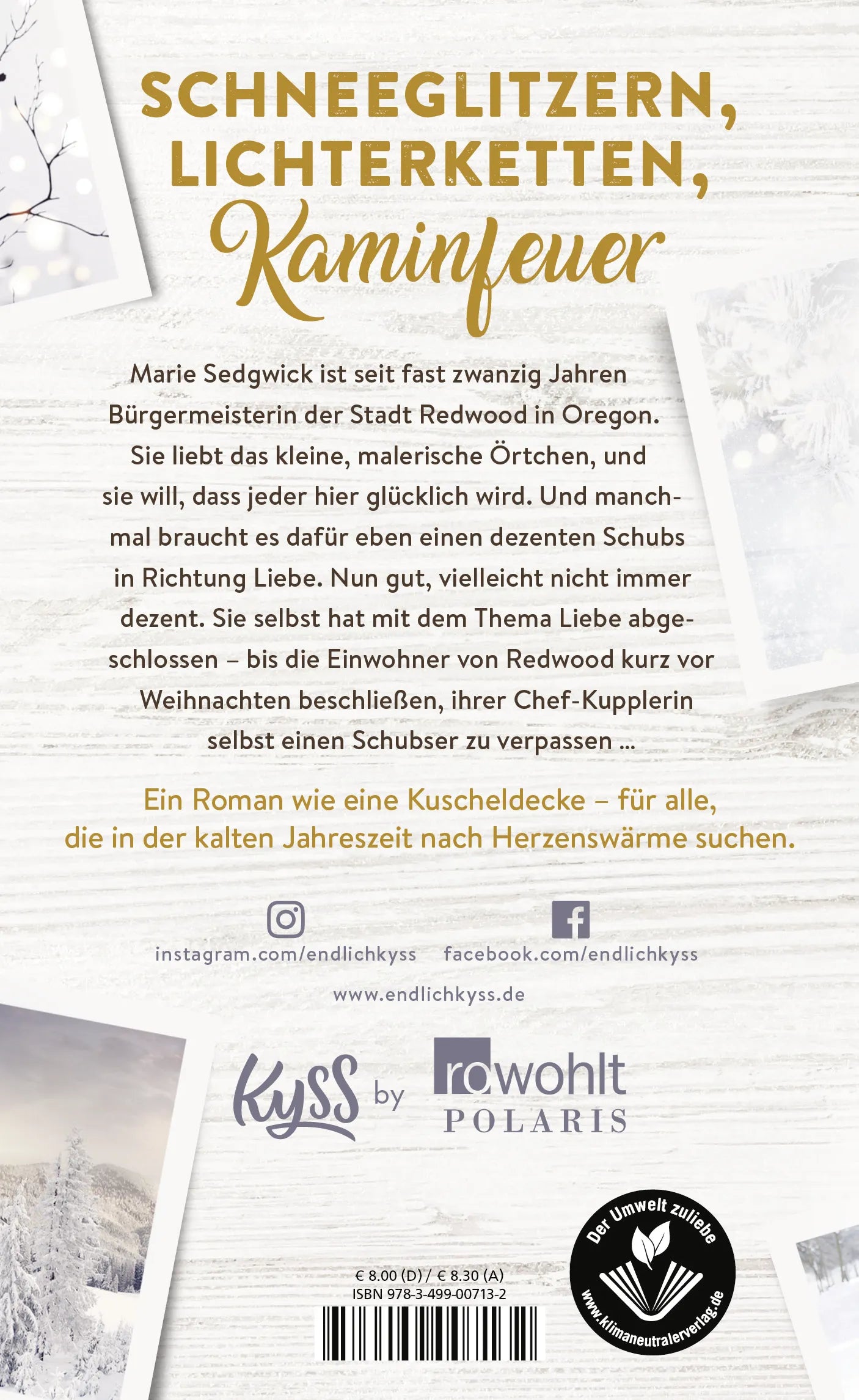 Buchrückseite von 'Redwood Lights – Es beginnt mit dem Duft nach Schnee' mit Klappentext - Gebundene Ausgabe