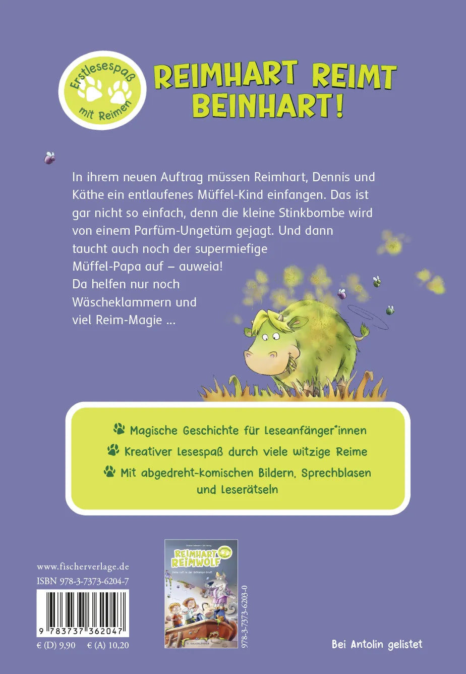 Buchrückseite von 'Reimhart Reimwolf – Mächtig Wind ums Müffel-Kind' mit Klappentext - Gebundene Ausgabe
