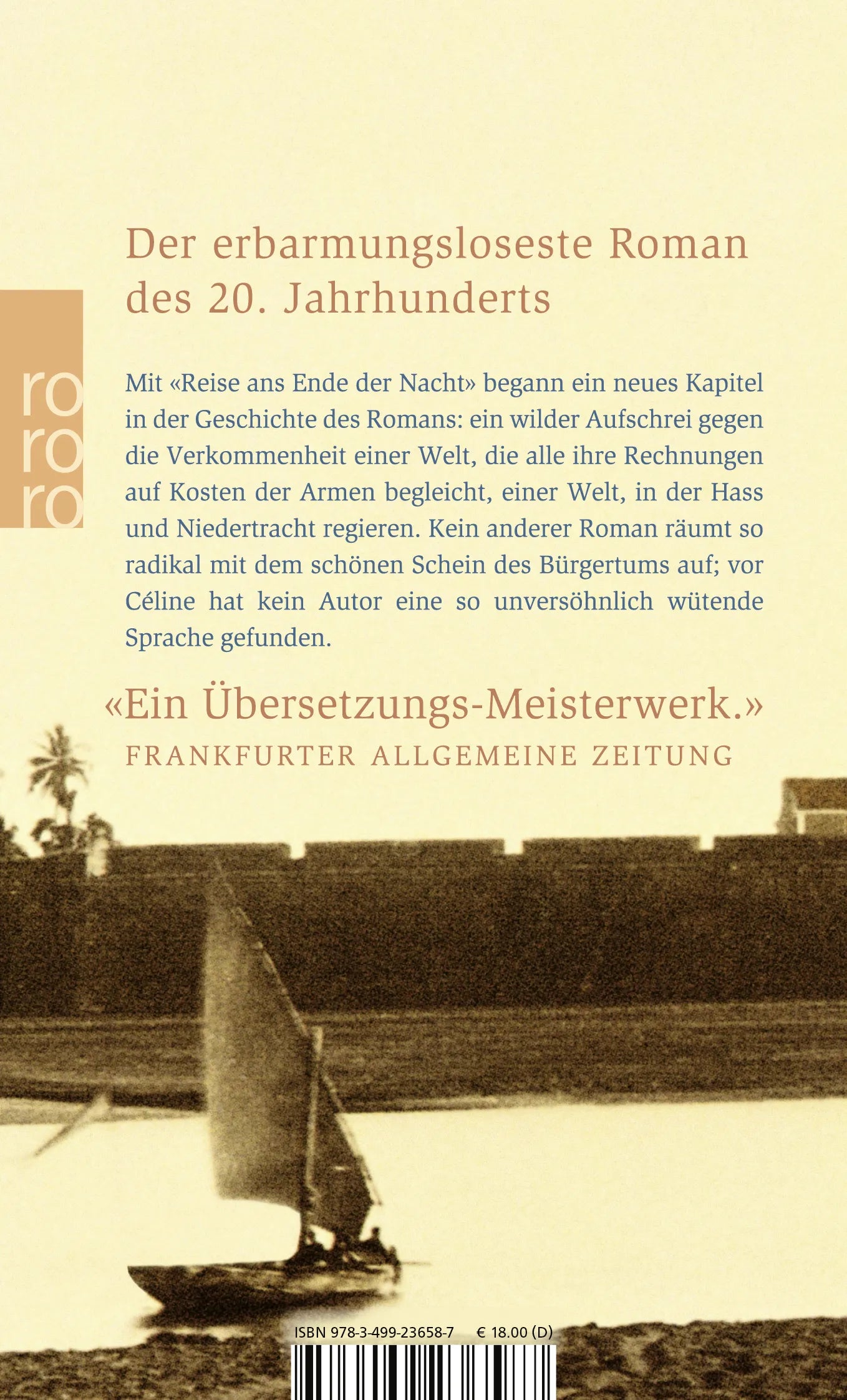 Buchrückseite von 'Reise ans Ende der Nacht' mit Klappentext - Taschenbuch