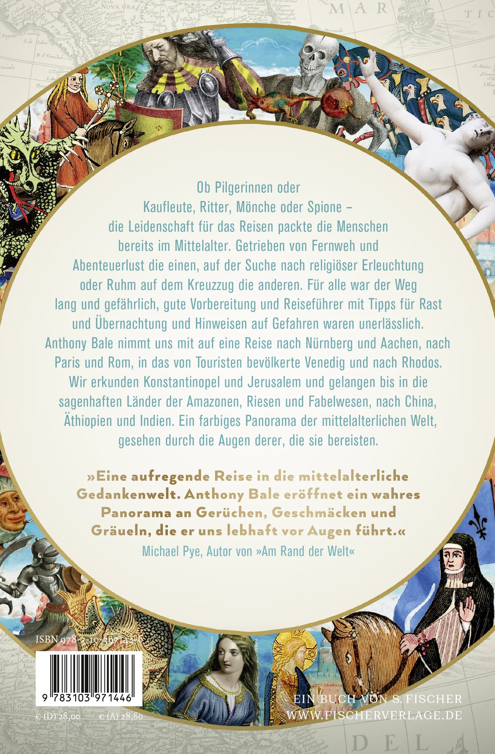 Buchrückseite von 'Reisen im Mittelalter' mit Klappentext - Gebundene Ausgabe