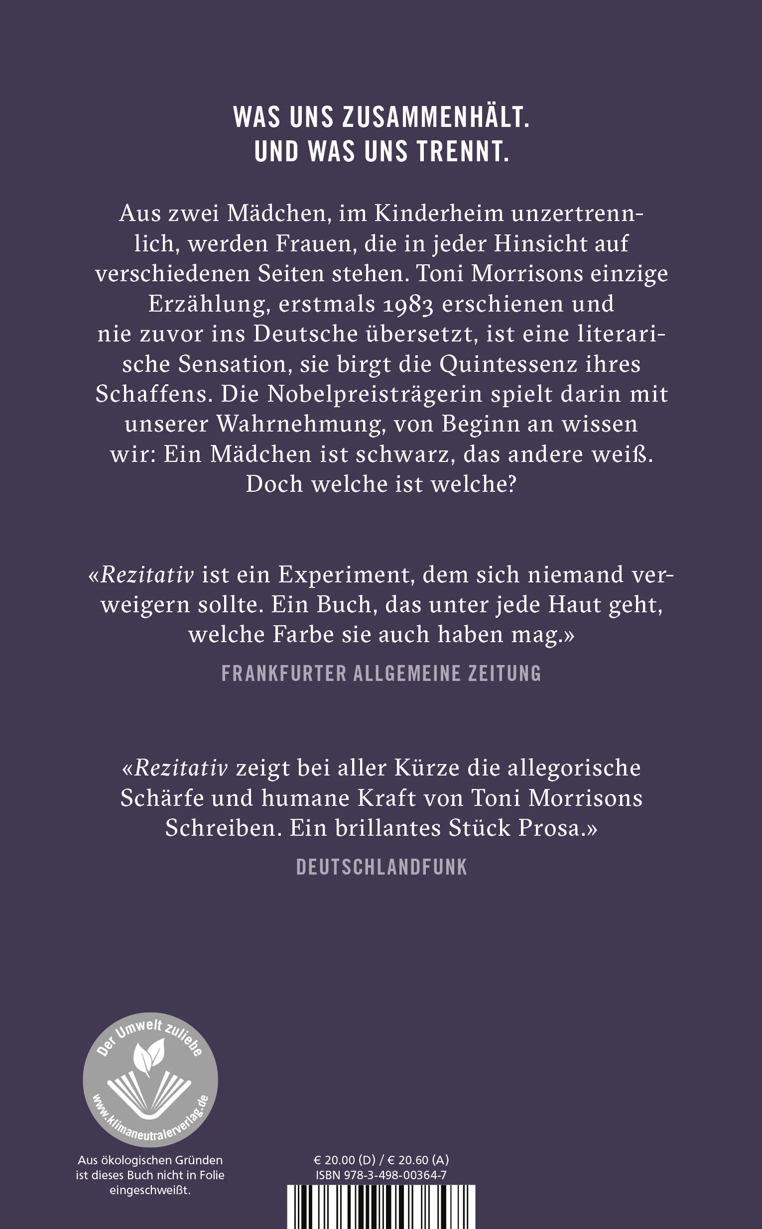 Buchrückseite von 'Rezitativ' mit Klappentext - Gebundene Ausgabe