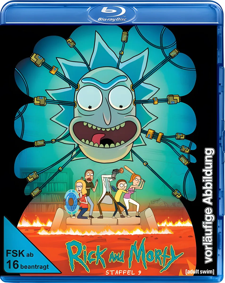 Blu-ray-Cover: Rick and Morty: Die komplette 9. Staffel. Regie: Jacob Hair. Vorläufiges PLAION-Cover; finale Abbildung folgt